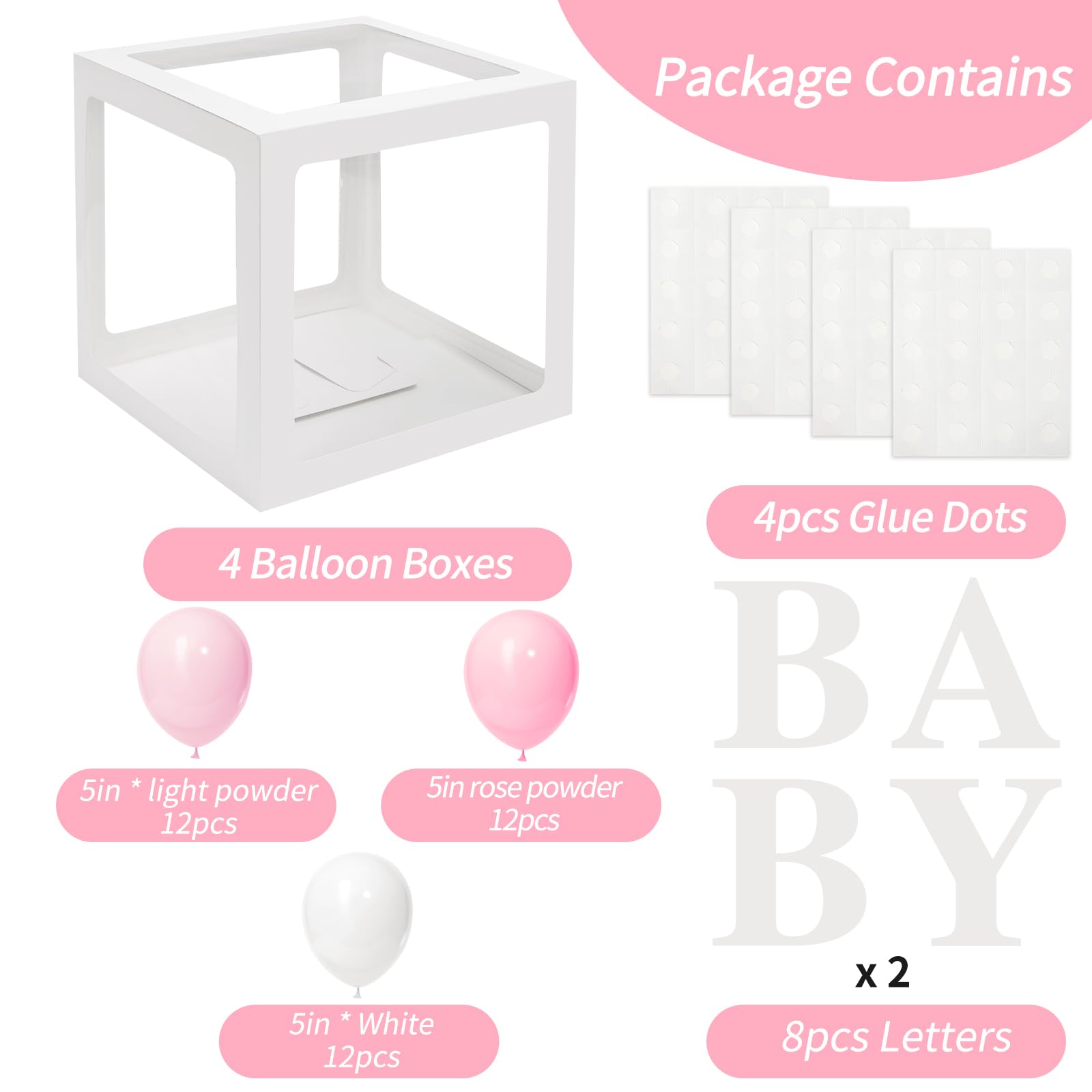 RUBFAC Baby Boxes for Baby Shower Decoration with 8 Letters and 36 Balloons 4pcs Clear Balloon Boxes BABY Blocks for Girls Birthday Party Decorations(Pink)