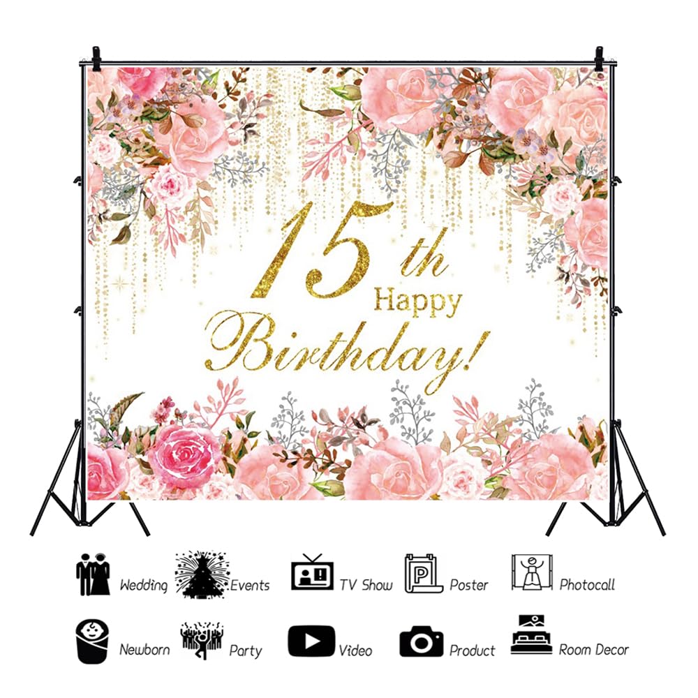 Pnylzzyxh 15th Birthday Backdrop Banner Happy 15th Birthday Decorations Girl 10x8ft Quinceanera Backdrop Watercolor Floral Photography Background Cake Table Supplies Photo Studio Props