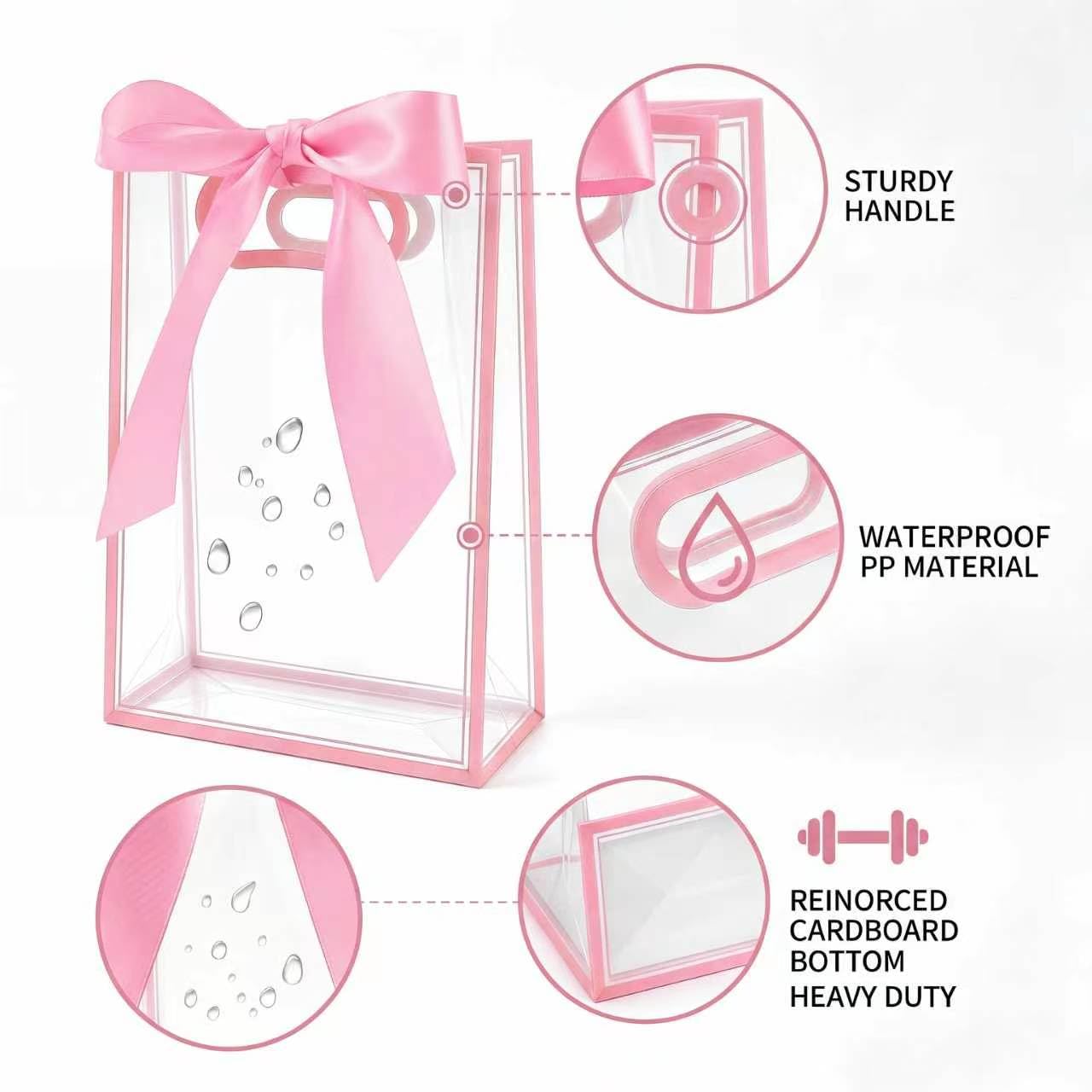 GicCheShark 12 Pcs Clear Plastic Gift Bags With Handles Reusable PP Favor Bag With Ribbons For Valentine'S Day Wedding Bridal Shower Birthday Graduation Shopping Business, 7.09x10.24x3.15 Inch (Pink)