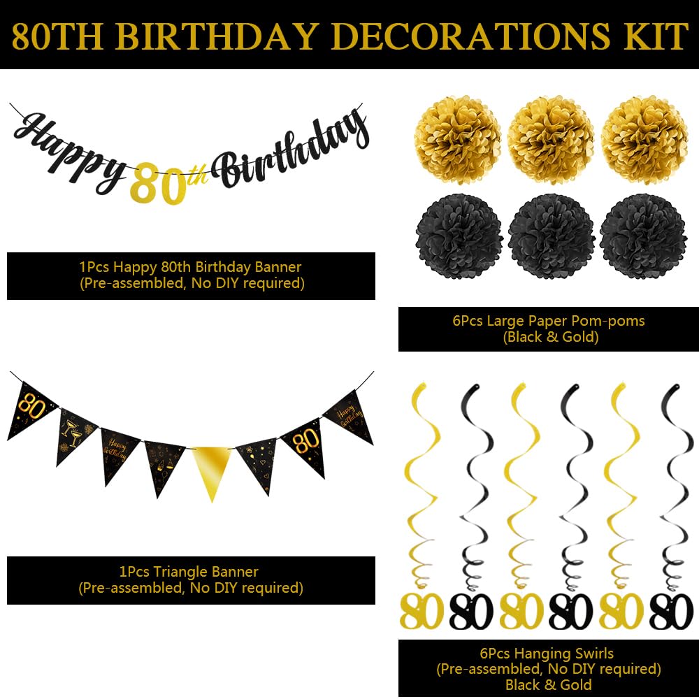 TOBATOBA 80th Birthday Decorations Kit for Men Women, Black Gold Happy 80th Birthday Banner, Triangle Flag Banner 80th Birthday Party Decorations, Swirl Streamers Paper Pompoms Party Supplies