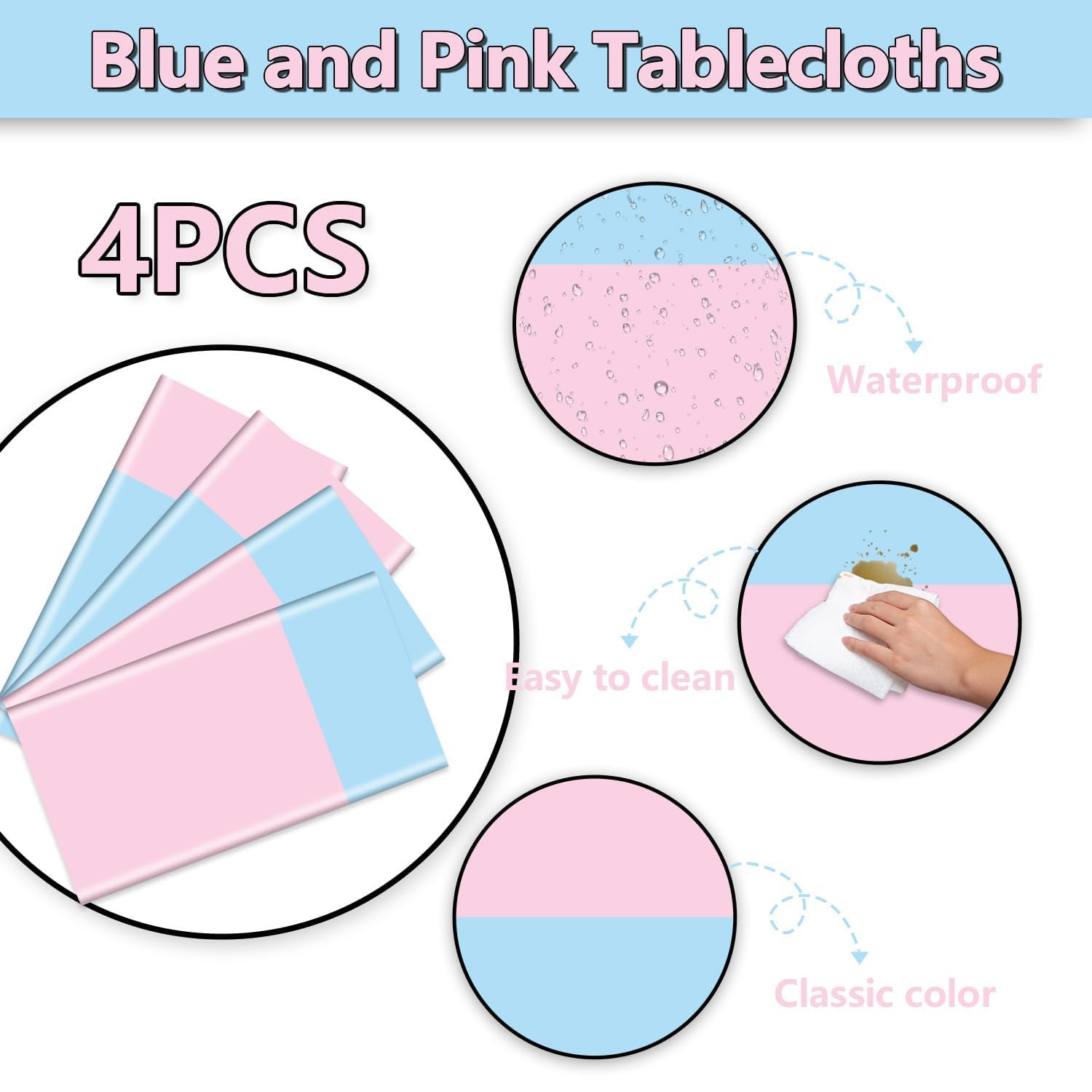 PTECDROTS 4Pcs Gender Reveal Tablecloths, Pink and Blue Tablecloth Table Runner Waterproof Disposable Rectangle Table Cover for Boy or Girl Birthday Party Decorations, 51 x 86 inch
