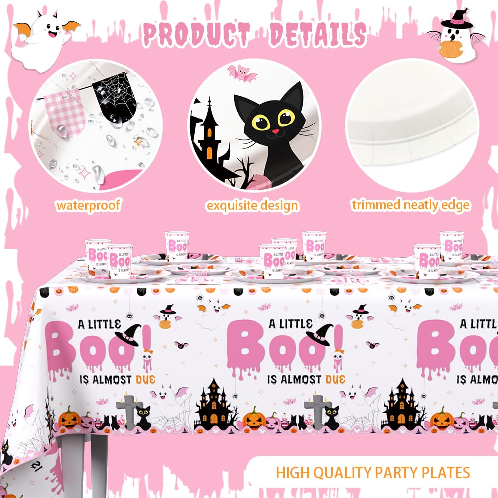 AIBIIN 194Pcs Halloween Baby Shower Decorations for Girl A Little Boo is Almost Due Baby Shower Party Plates, Cup, Napkin, Tablecloth, Tableware, Halloween Themed Party Supplies Plates Serve 24 Guests