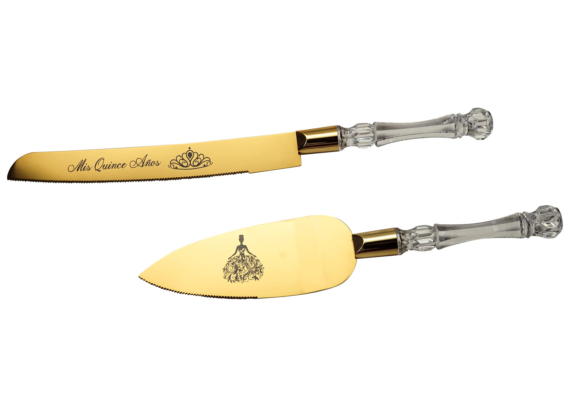 Lassos Boutique Mis Quince Años Quinceanera Cake Serving and Knife Set, Sweet 15 Birthday Cake Cutting Set, Feliz 15 Anos Decoration, Acrylic Handle, Stainless Steel (Gold)