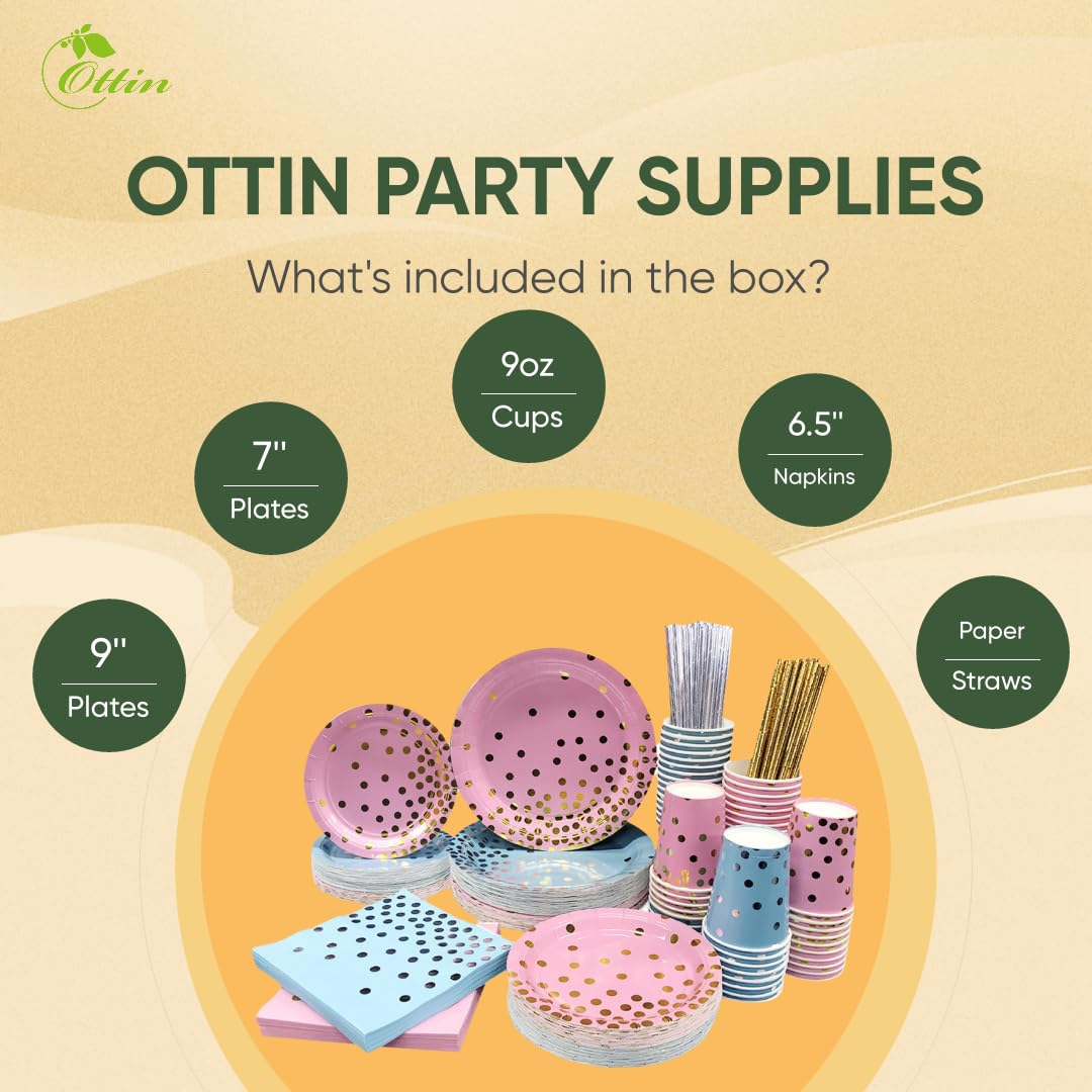 Ottin 250-Piece Pink and Blue Disposable Paper Plates and Napkins Set, 9 Inch Dinner Plates & 7 Inch Dessert Plates, Party Supplies Serve 50 Guests for Baby Shower Gender Reveal Birthday Wedding