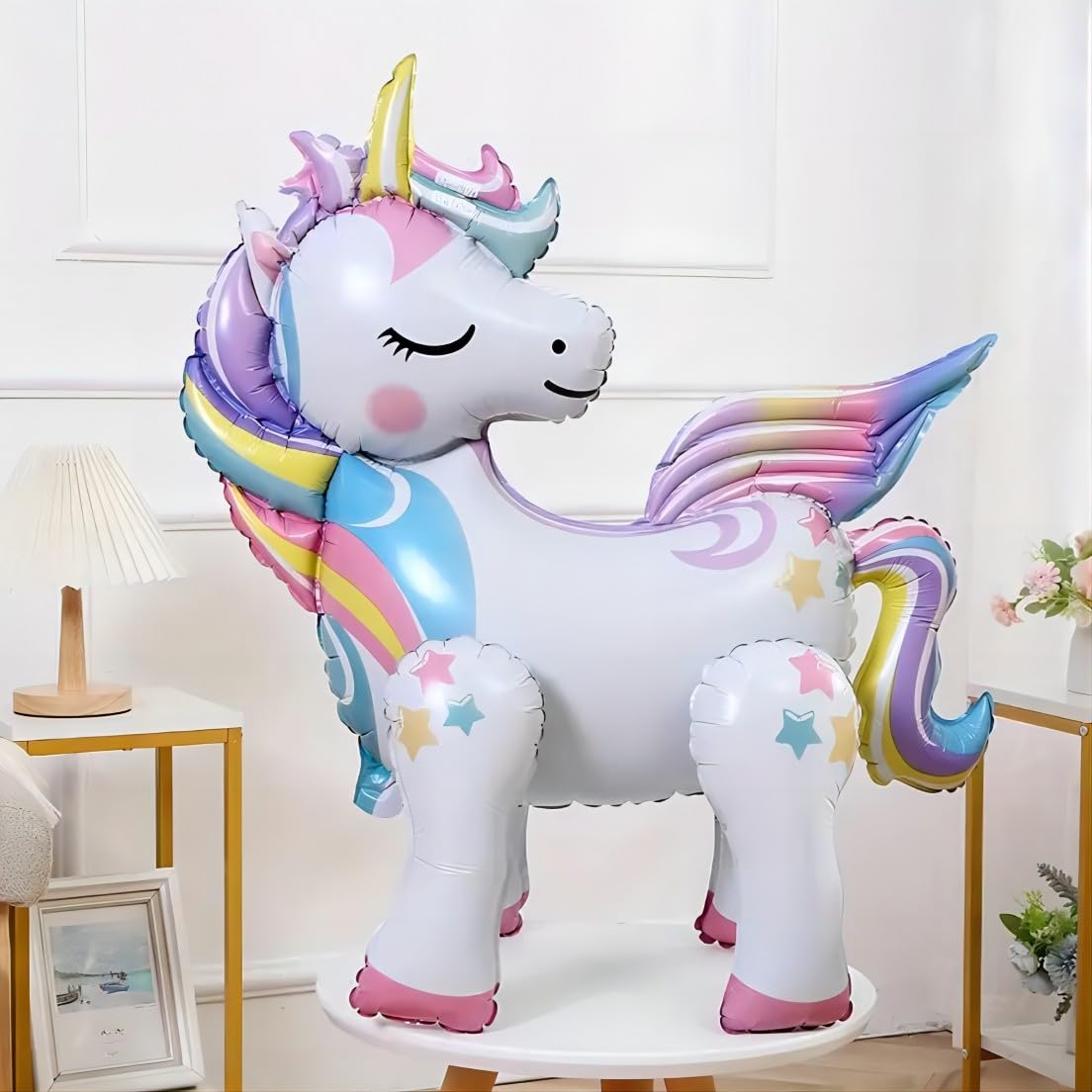 DUILE 5 Pcs Self Standing Unicorn Balloons - 3D Rainbow and Star Foil Balloons for Birthday Party Decorations and Supplies