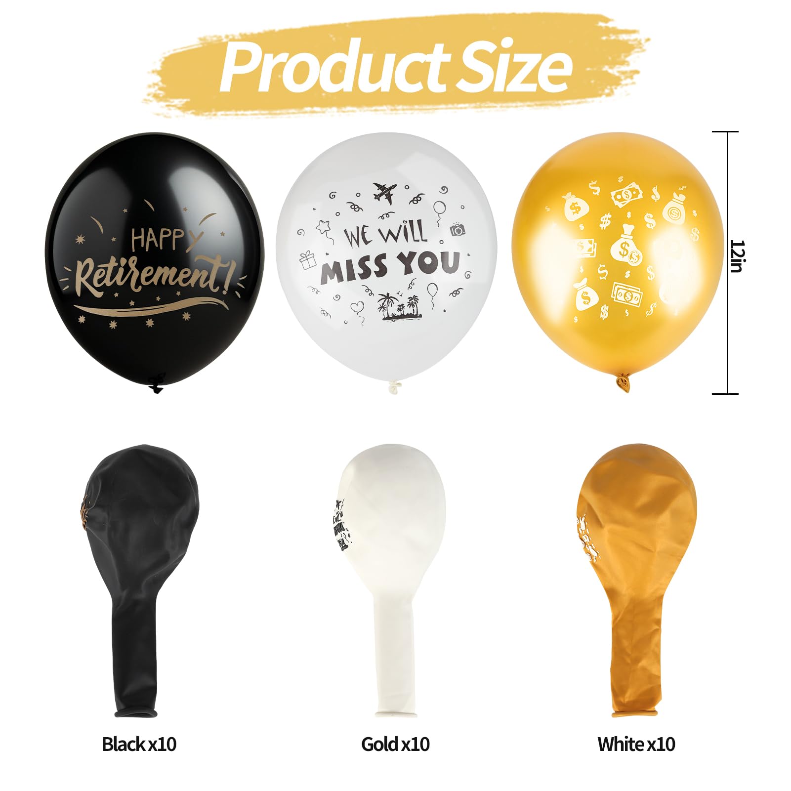 BestoFun 30PCS Happy Retirement Balloons Happy Retirement Decorations for Men and Women 12 Inch Black, Gold & White Latex Balloons for Party Decorations