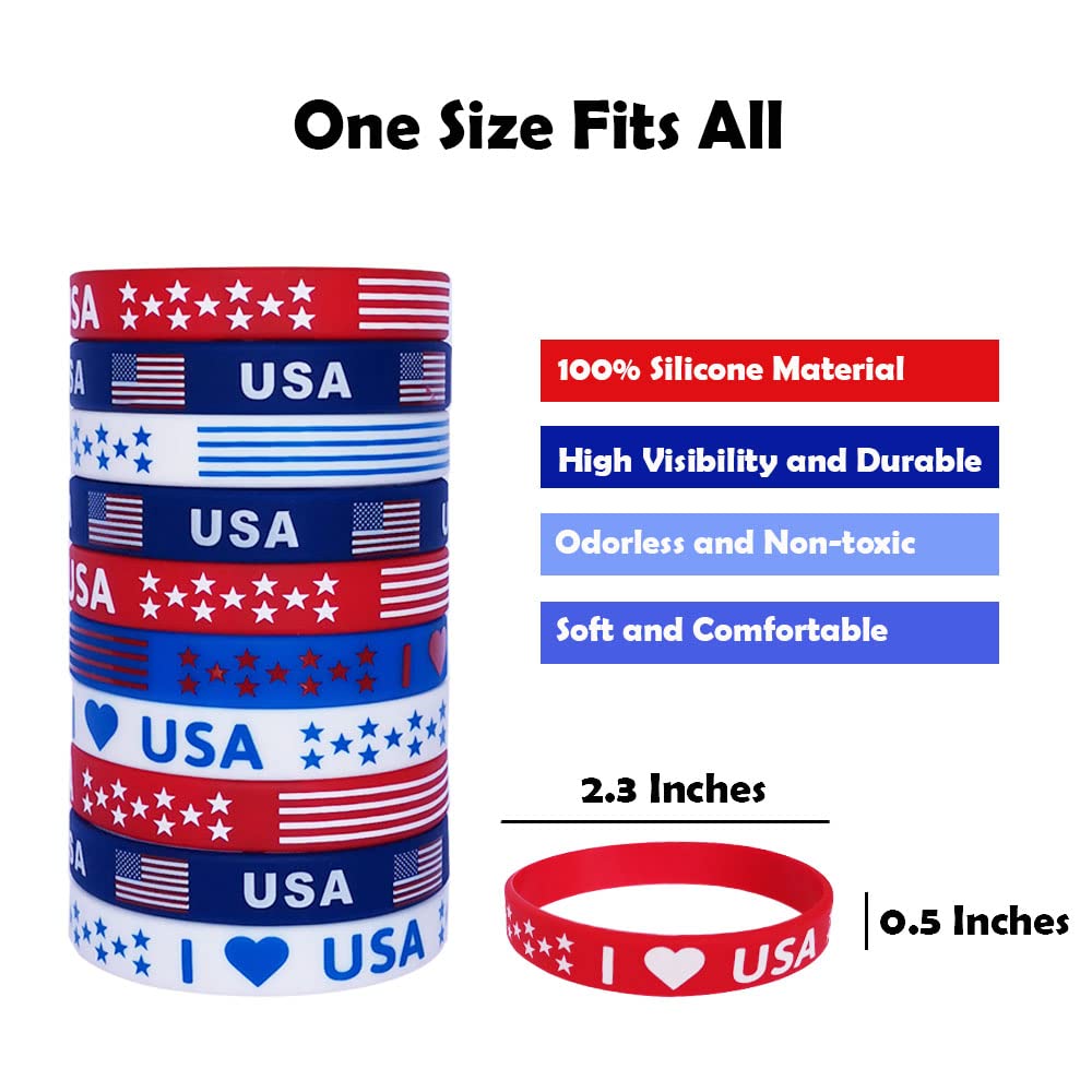 JAKADYUKS 100Pcs American Flag Silicone Bracelets, Fourth 4th of July Party Accessories USA Veterans Day Memorial Day Patriotic Wristband, Red White and Blue Party Favors School Gifts