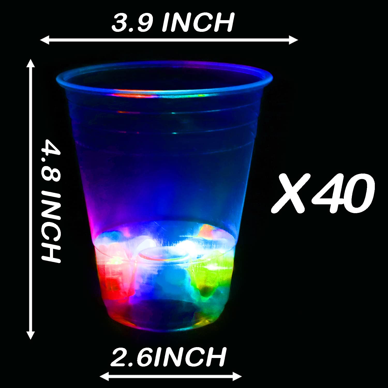 LLKMDSS 40 Pcs Glowing Party Cups, 16oz Plastic Light Up Cups with Flashing Color LED Lights for House Parties Birthdays Concerts Weddings BBQ Beach DJ Holidays