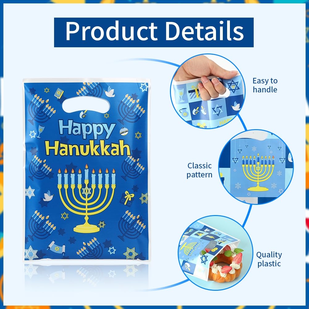 vueuKiGE Hanukkah Gift Bags, 50 PCS Hanukkah Treat Bags with Handles, 7x9.8 Inch Plastic Chanukah Gift Goodie Candy Cookie Bag Jewish Themed Party Favor Bag for Hanukkahs Party Decorations Supplies