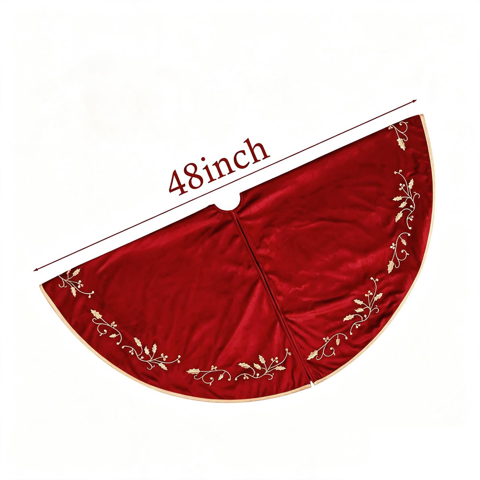 Bunny Chorus Christmas Tree Skirt, 48 inches Red Luxury Velvet Plush Fur Skirts with Gold Embroidered Holly Leaf for Rustic Xmas Tree Holiday Decorations