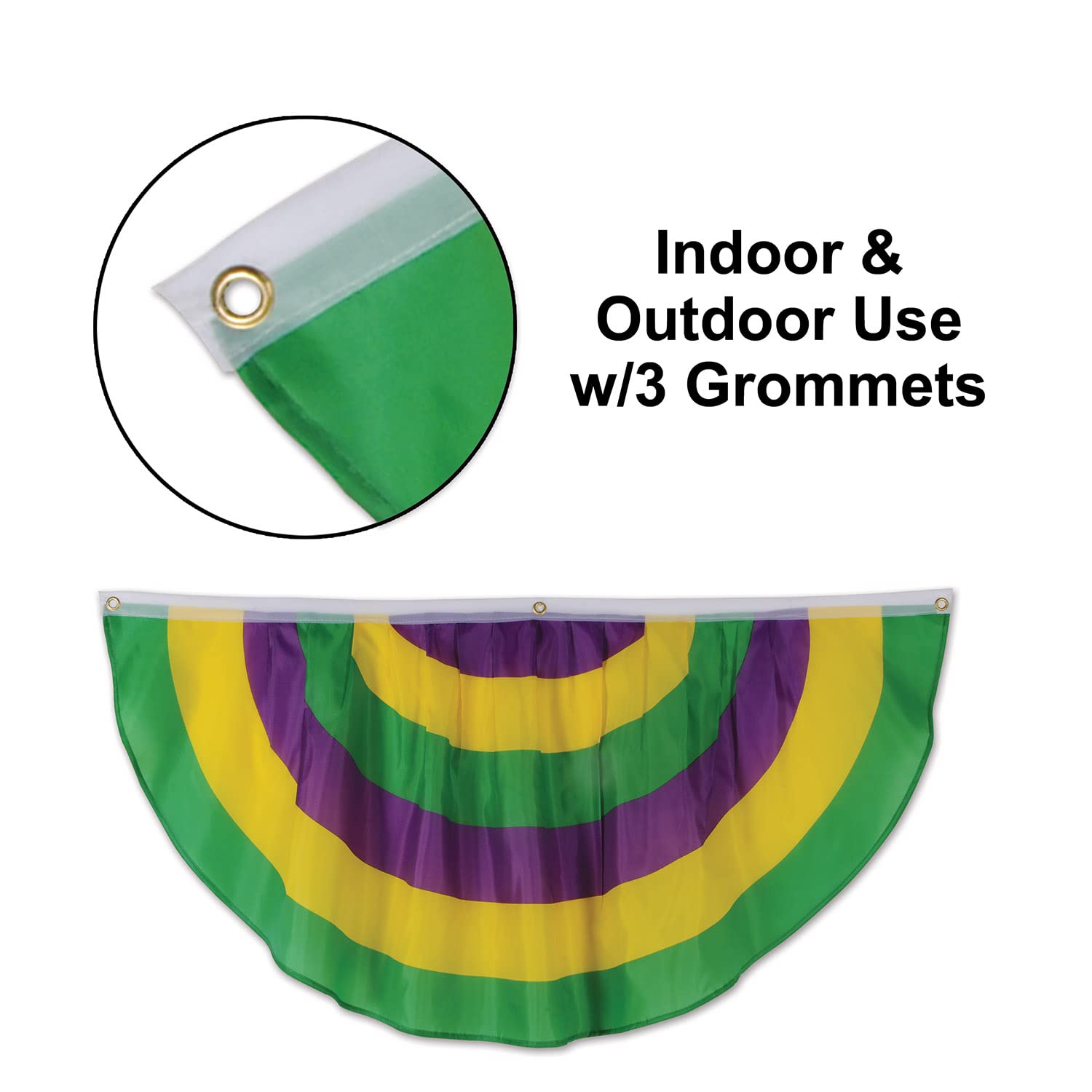 Beistle Mardi Gras Fabric Bunting, Decorative Polyester Swag Banner with Purple Green Yellow Stripes, 3 Grommets for Indoor Outdoor Use, Carnival Décor for Porch Parade or Party, 48" x 24"