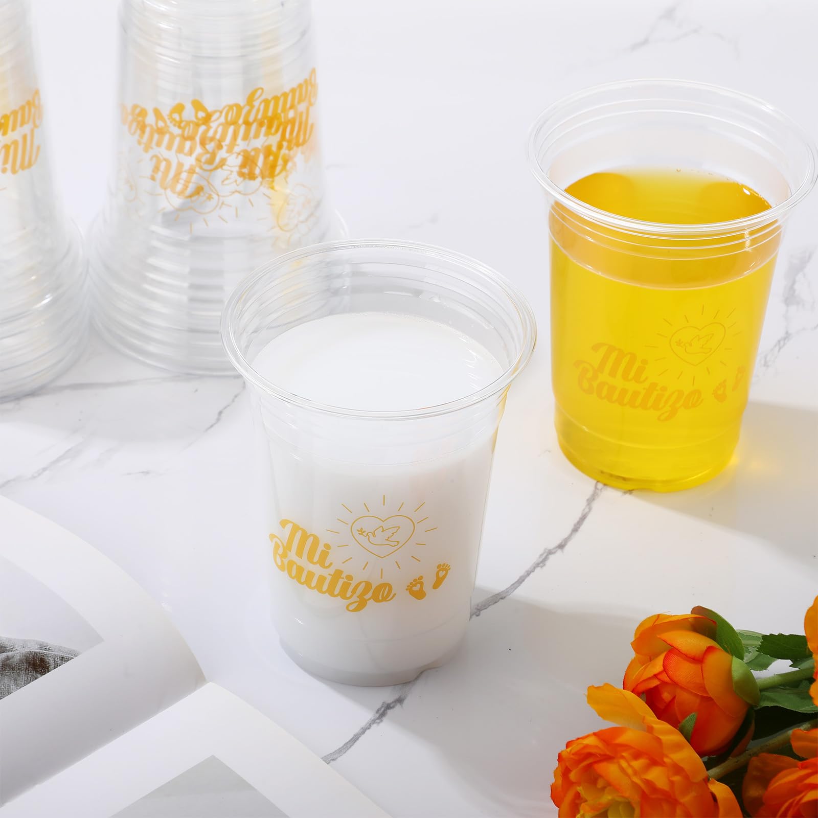 Tiangrid 100 Pcs Spanish Baptism Plastic Cups 16 oz Gold Dove Mi Bautizo Cups for Spanish Baptism Decorations, Easter First Communion & Hispanic Baby Shower Party Supplies