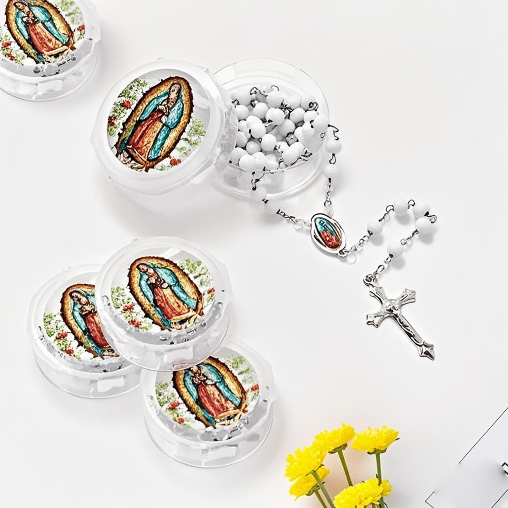 CAYOREPO 48 Pcs Scented Rosary Necklace Set with Gift Box – Wooden Bead Rosary with Crucifix for Women & Men, First Communion, Baptism, Party Favors (White)