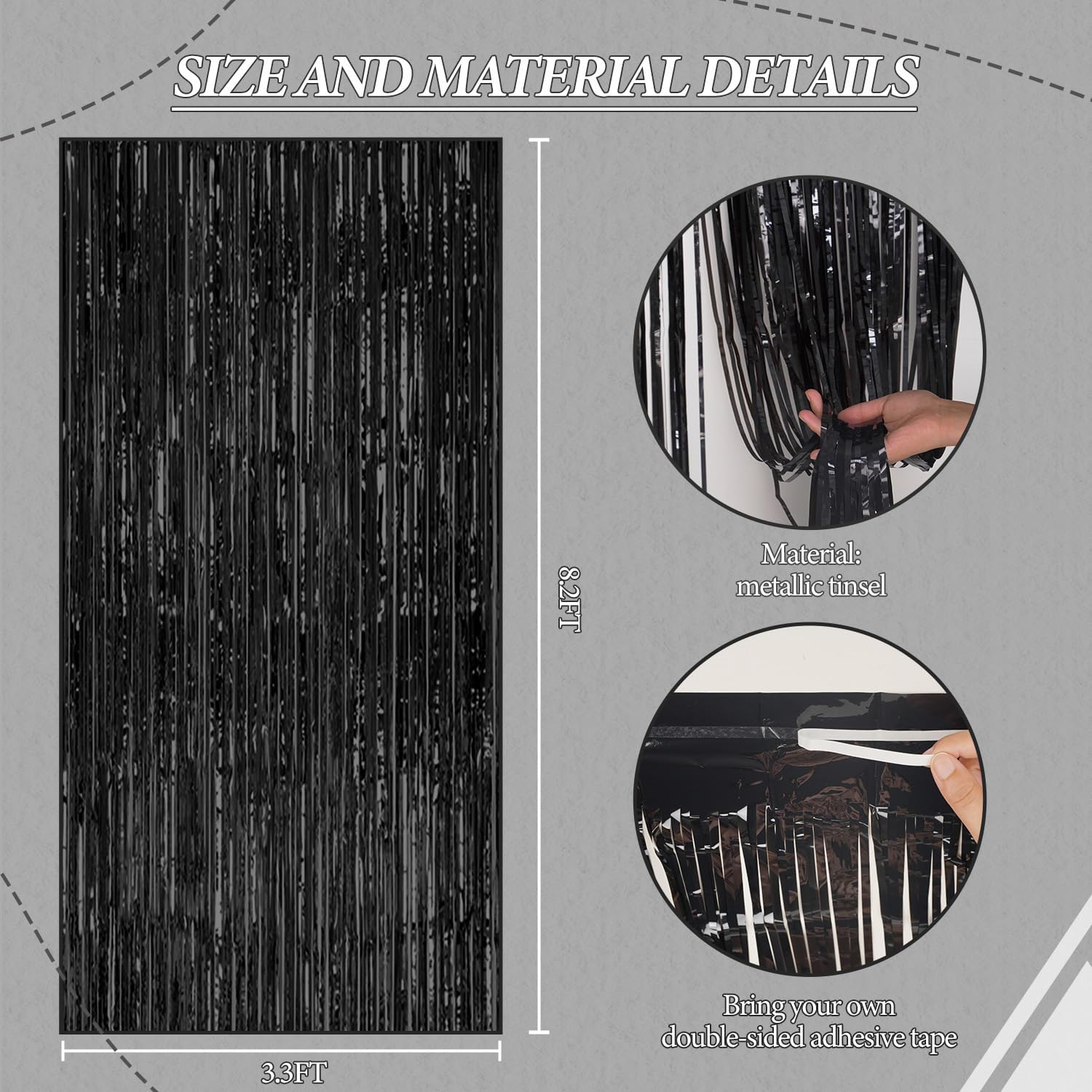 DECOCKRAT 3 Pack Foil Fringe Backdrop - Black Shiny Tinsel Curtains for Party Decoration/Photo Booth Props - 3.3x8.2 FT Metallic Foil Backdrop for Birthday, Wedding, Graduation, Christmas.