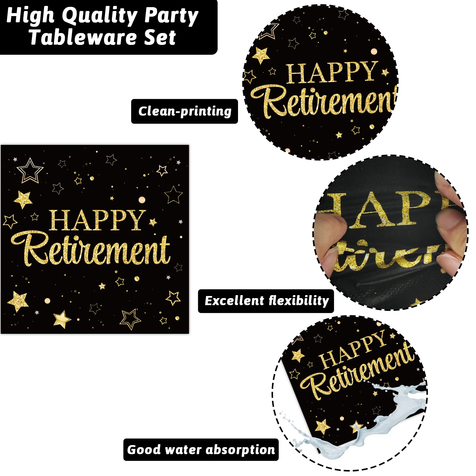 50 Guests Retirement Party Decorations Retirement Plates Napkins Set Happy Retirement Black and Golden Disposable Dinnerware Tableware Graduations Decorations Supplies Favors for Women Men, 200Pcs
