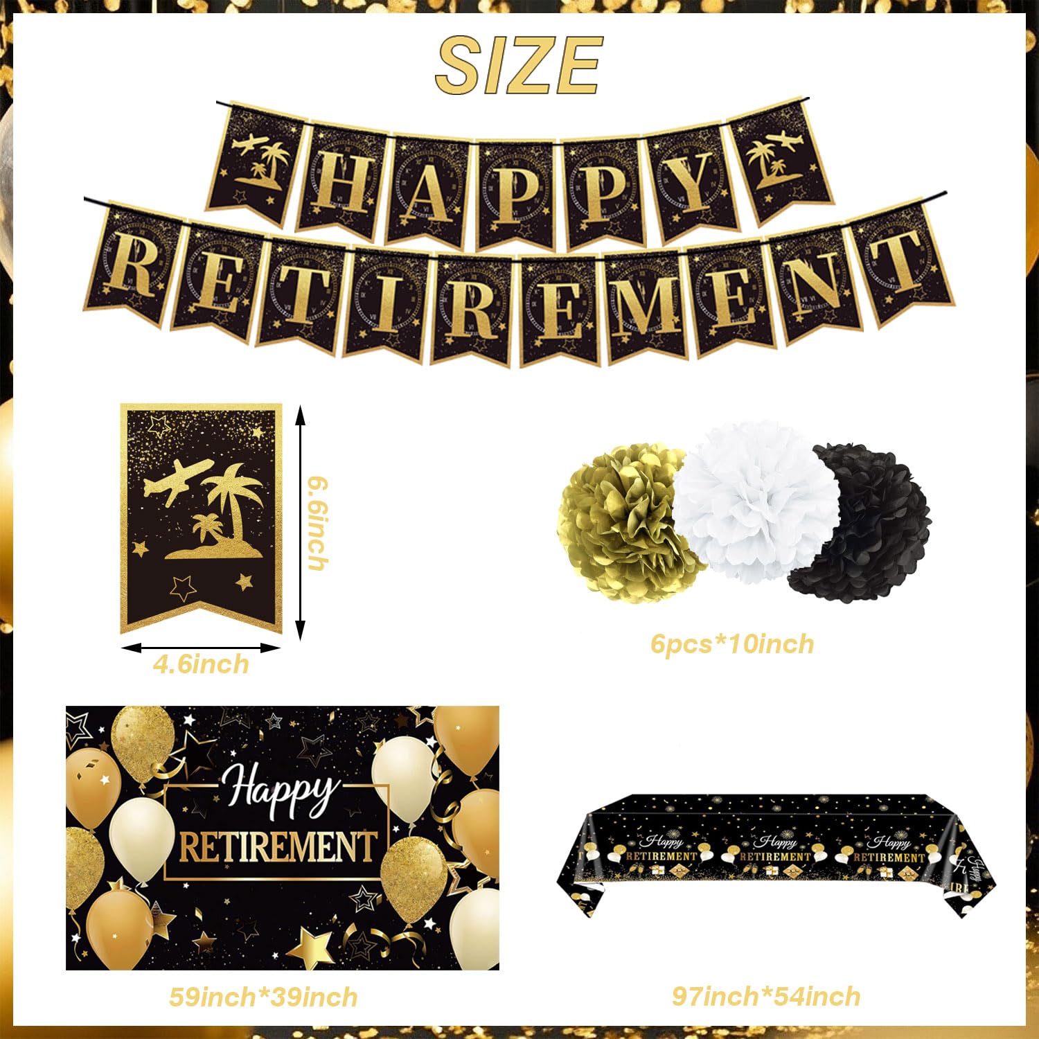 Retirement Party Decorations Includes Banner, Backdrop, Cake Topper, Hanging Swirls, Tablecloth, Honeycomb Centerpiece for Happy Retirement Decorations