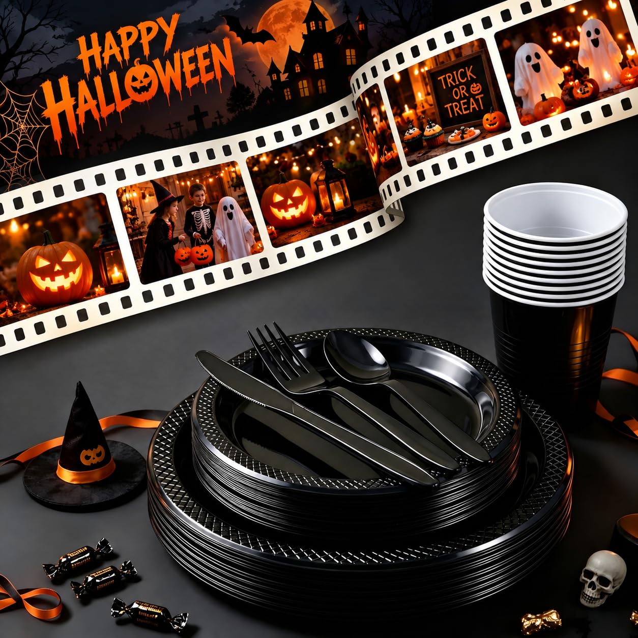 WELLIFE 210Pcs Black Plastic Plates,Black Disposable Plates for Party
