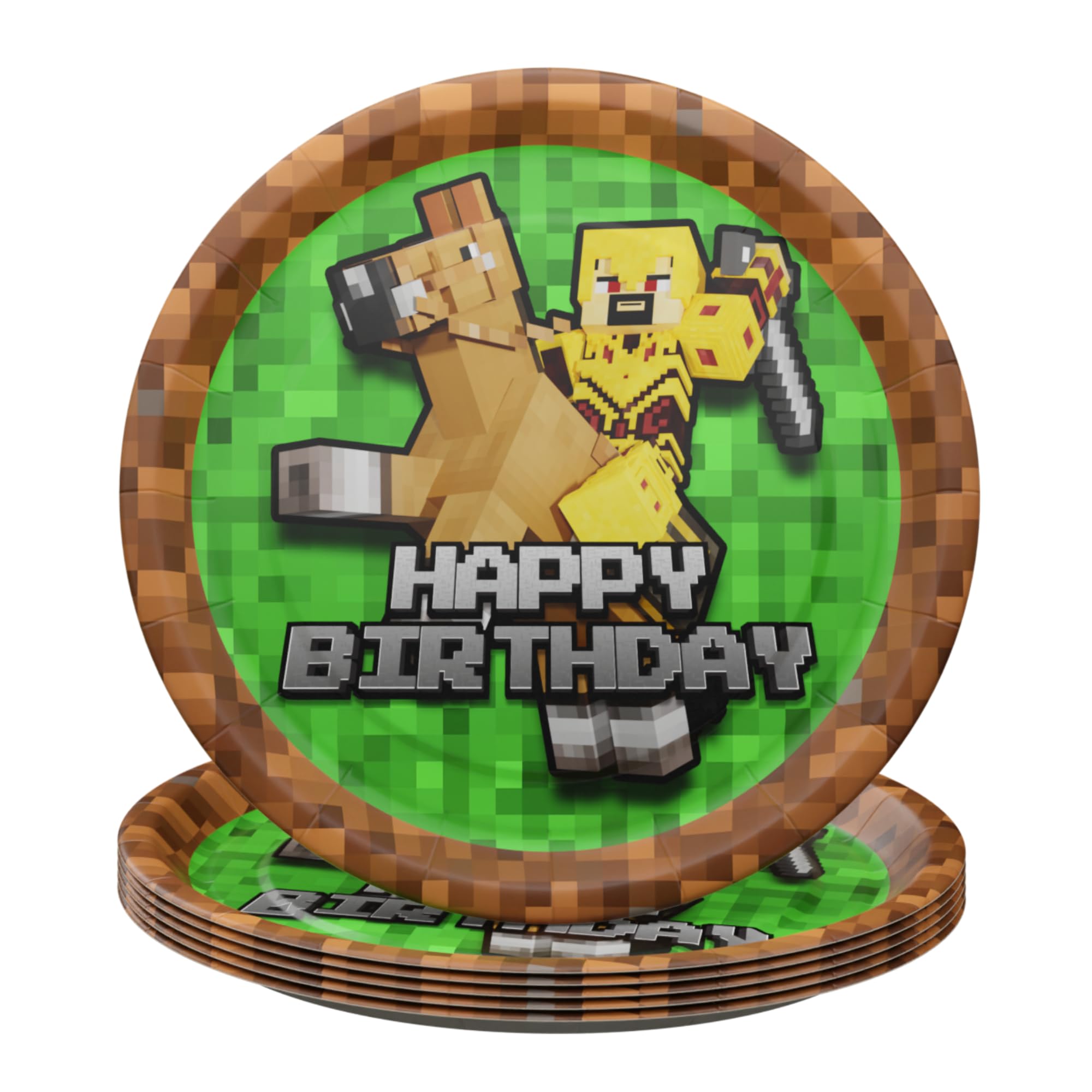 Blue Orchards Pixel Warrior Plates and Napkins (60 pieces for 20 Guests) - Video Game Party Supplies, Mining Craft Party, Pixel Miner Decorations