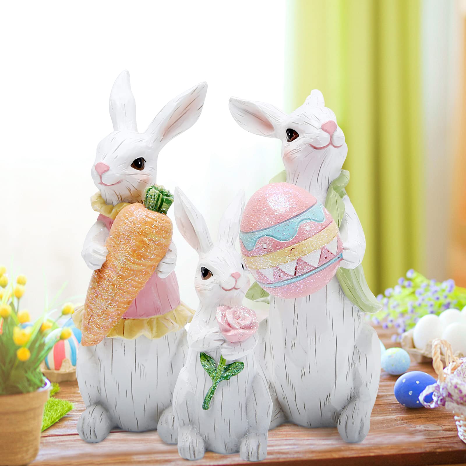 Hodao Easter Bunny Decorations Spring Indoor Home Decor Bunny Figurines (Easter White Bunny Family)