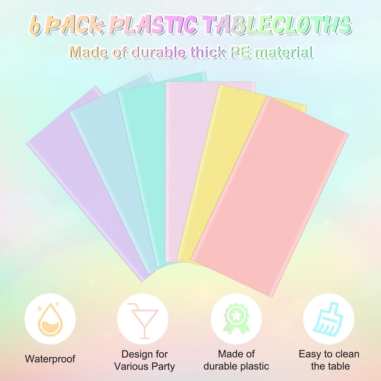 YIDAKO 6Pcs Pastel Tablecloths, Rainbow Mix Color Plastic Tablecloth Disposable Rectangle Table Covers for Baby Shower,Bridal,Wedding, Easter,Birthday and Ice Cream Party Decoration, 54 x 108 Inch