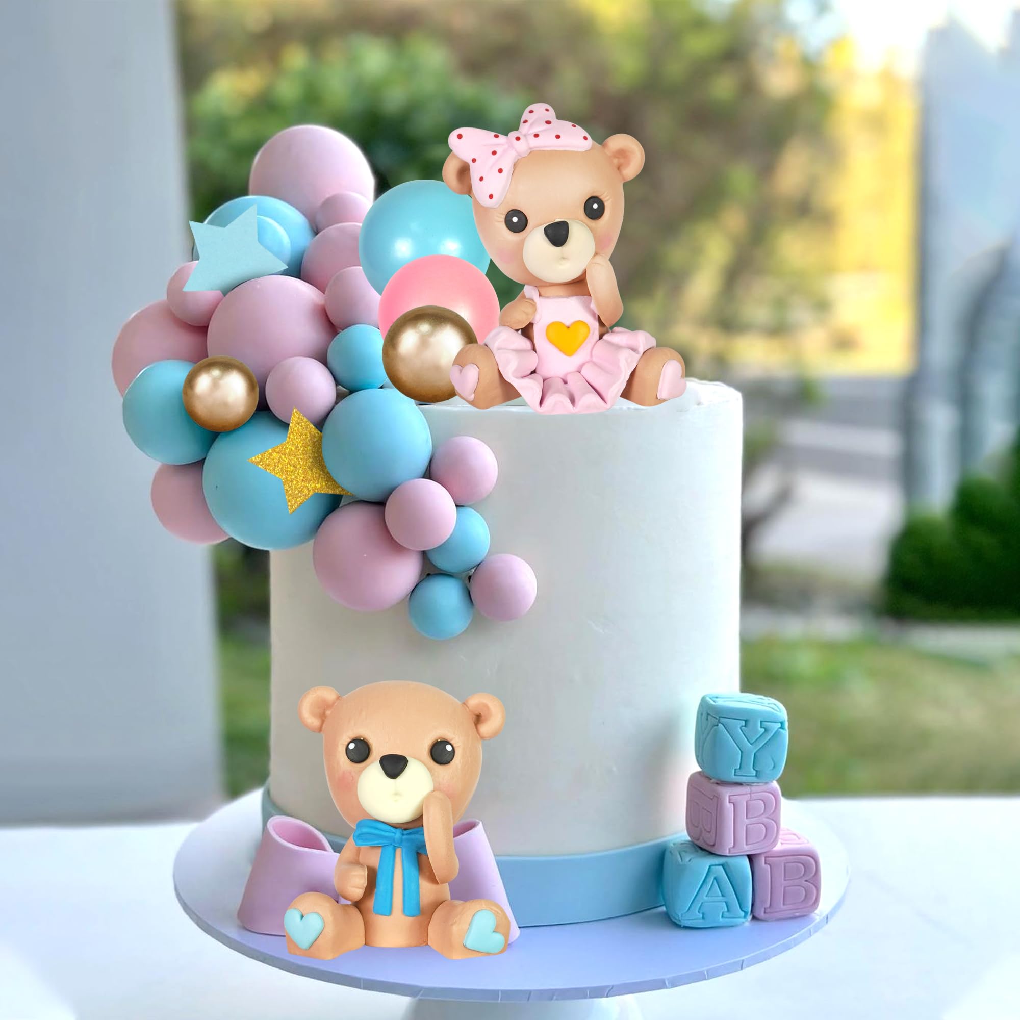 26 PCS Bear Cake Toppers Pink Blue Bear Figurine Balls Cake Decorations