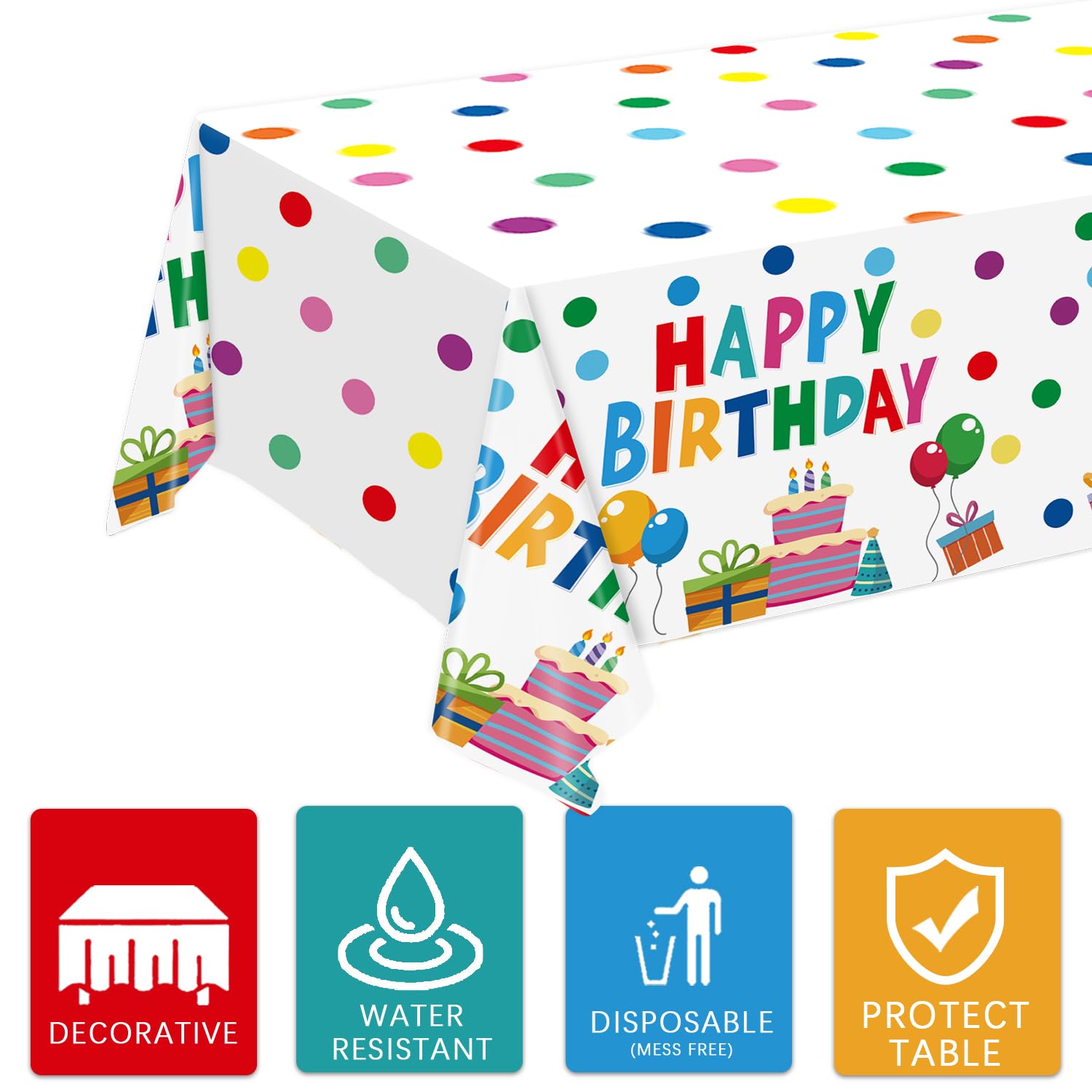 Happy Birthday Decorations - Colorful Dots Birthday Party Supplies Includes Plates, Napkins, Cups, Cutlery, Banner, Hanging Swirl, Tablecloth, Balloons for Birthday Decorations, Serves 24