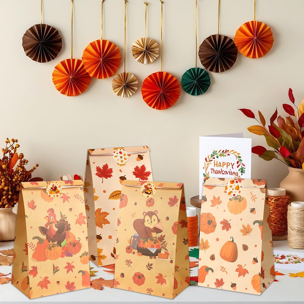 Fall Thanksgiving Treat Bags with Stickers, 24Pcs Fall Goodie Bags Autumn Maple Leaf Pumpkin Turkey Candy Cookies Goody Snacks Gift Paper Bag for Thanksgivings Party Favors Supplies Decorations