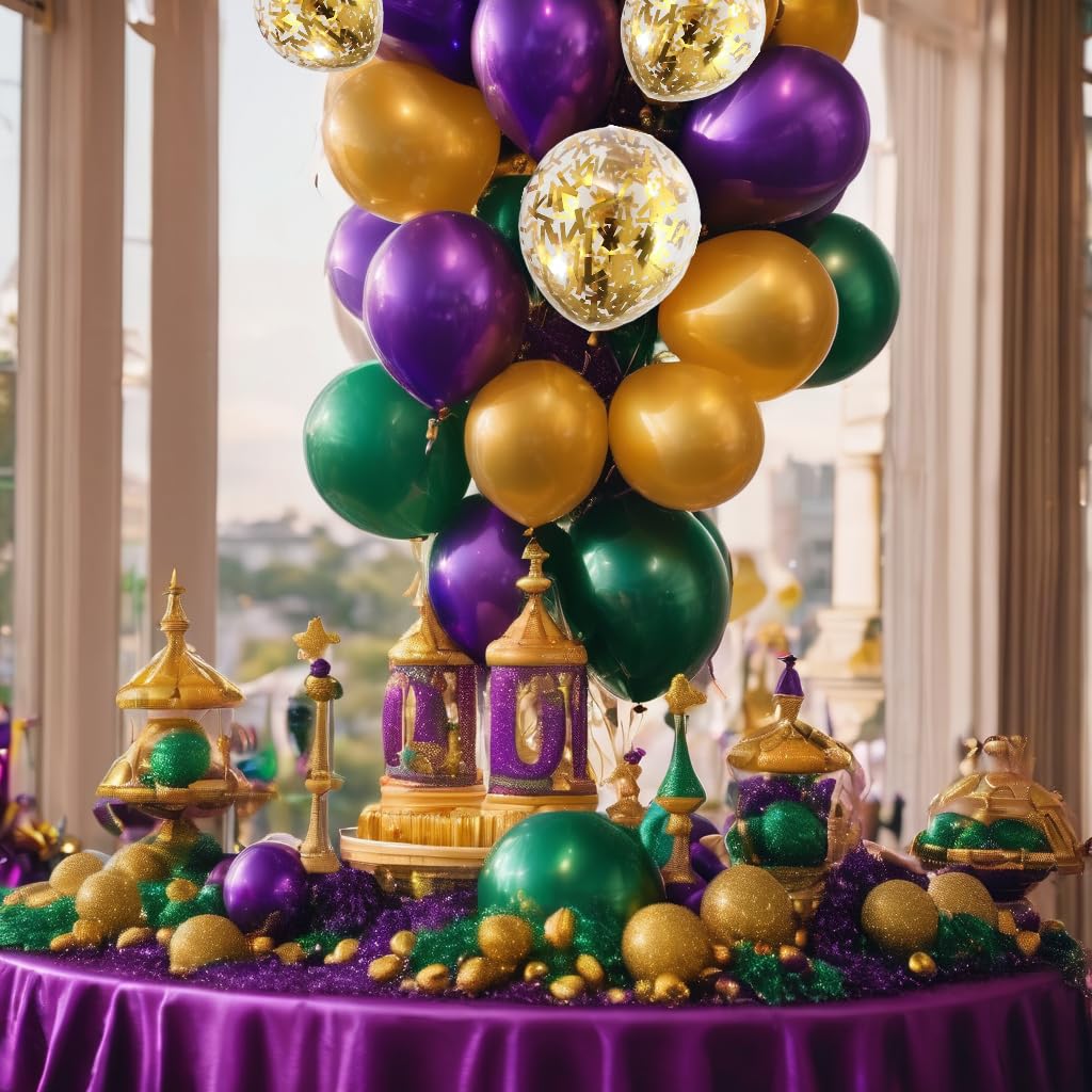 GiftExpress 50PC Purple Gold Green Mardi Gras Balloon, 12 Inch Balloons and Gold Confetti Balloons for Carnival, Mardi Gras Party, Mermaid Party