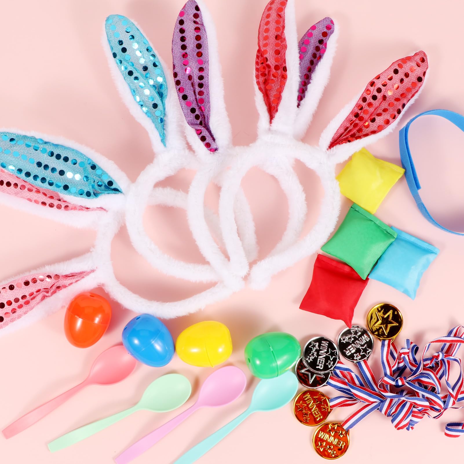Atonofun Easter Outdoor Party Games for Kids, Potato Sack Race Jumping Bags, Bunny Ears Headbands, Egg and Spoon Race, Legged Relay Race Bands for Easter Theme Party Favor, Easter Eggs Hunt Game