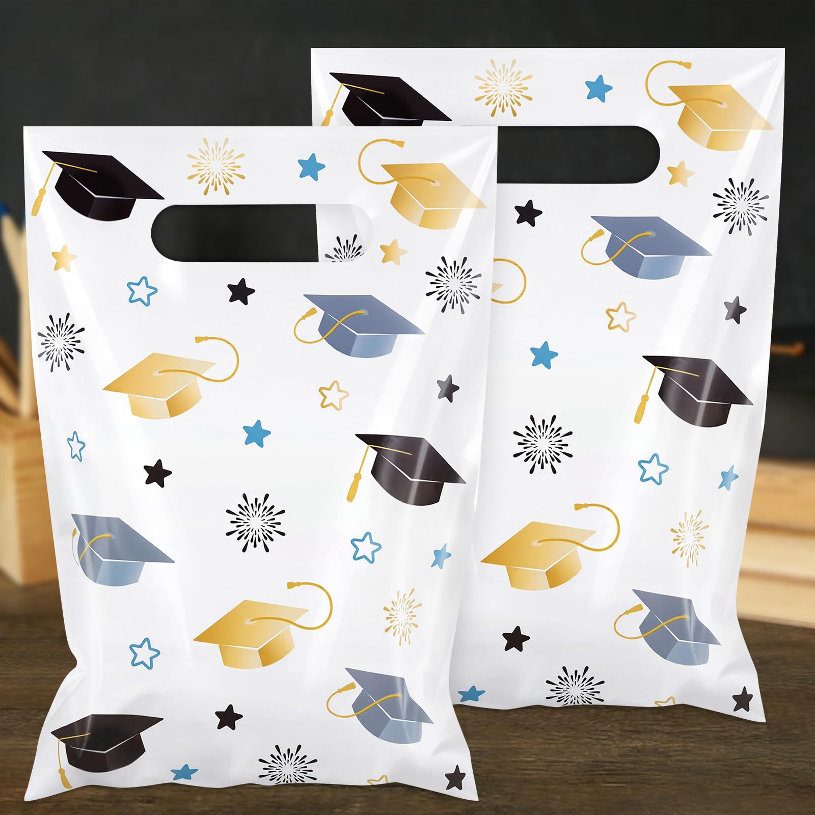Hxezoc 50 Pieces Graduate Goodie Bags with Handle, Plastic Treat Candy Bag Graduation Party Favor Bags for Graduation Season Themed Party Decoration Supplies