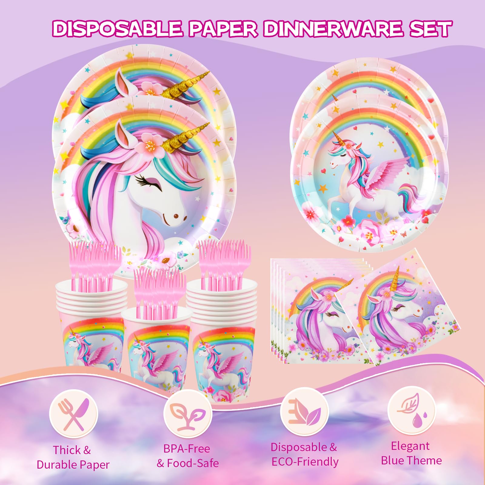 Unicorn Birthday Party Supplies Set, Disposable Tableware for 24 Guests, Includes Plates, Cups, Napkins, Cutlery – Cute Rainbow Unicorn Theme Birthday Decorations for Girls & Kids Party