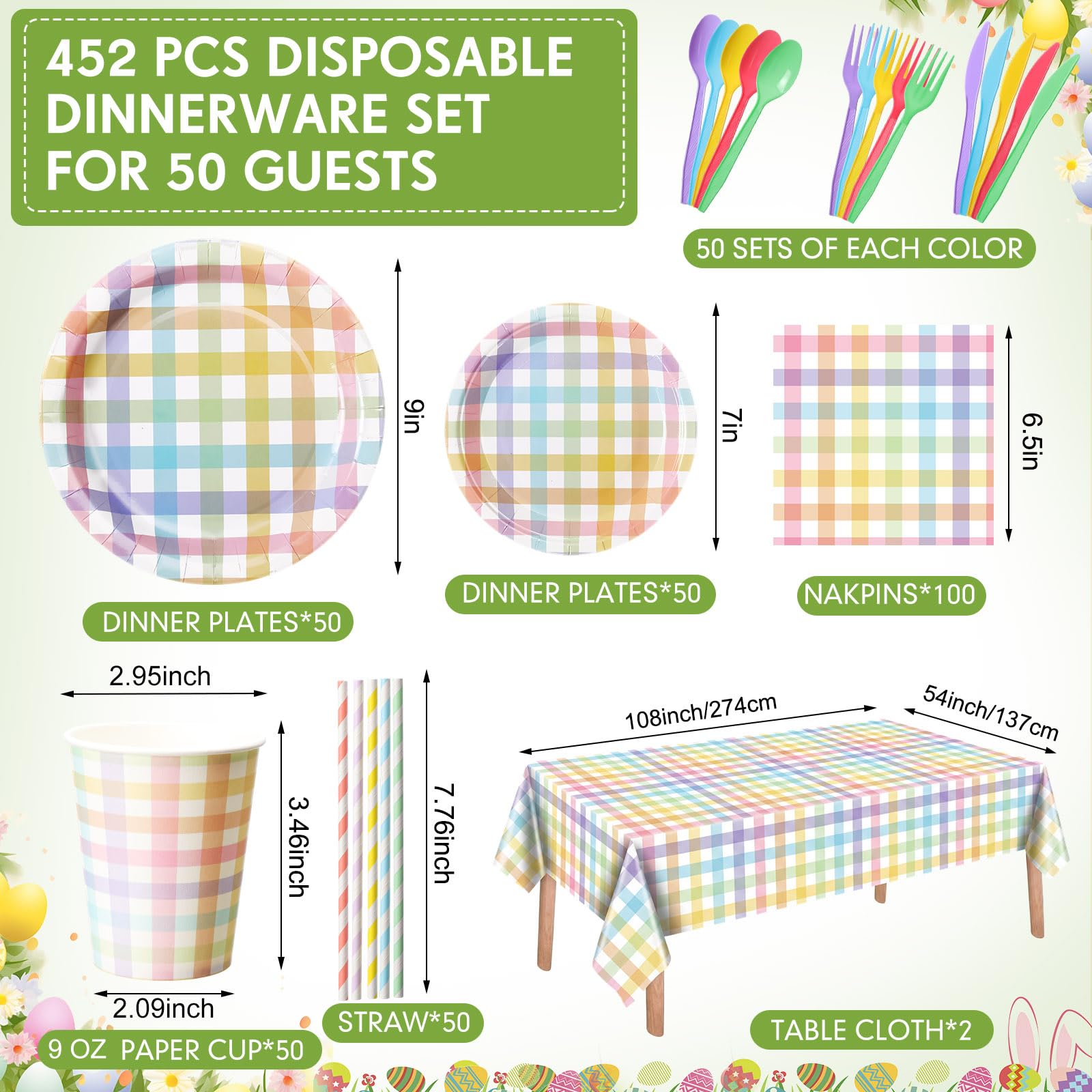 Funnymoom 452 Pcs Pastel Easter Party Decoration for 50, Spring Easter Paper Plates Napkins Cups Tablecloth Cutlery Straws Rainbow Pastel Gingham Plaid Tableware for Spring Birthday Party Supplies