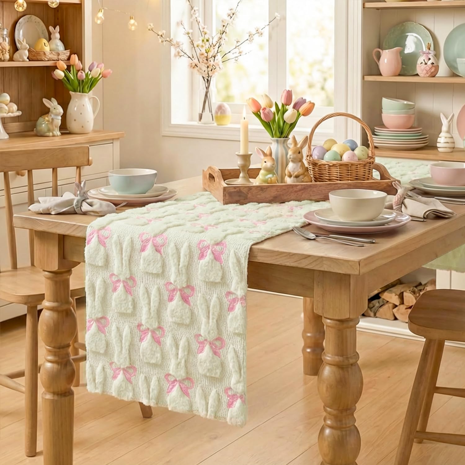 Artoid Mode Beige Soft Plush Faux Fur Jacquard Bunny Bow Easter Table Runner, Spring Holiday Kitchen Dining Table Decoration for Home Party Decor 13x72 Inch
