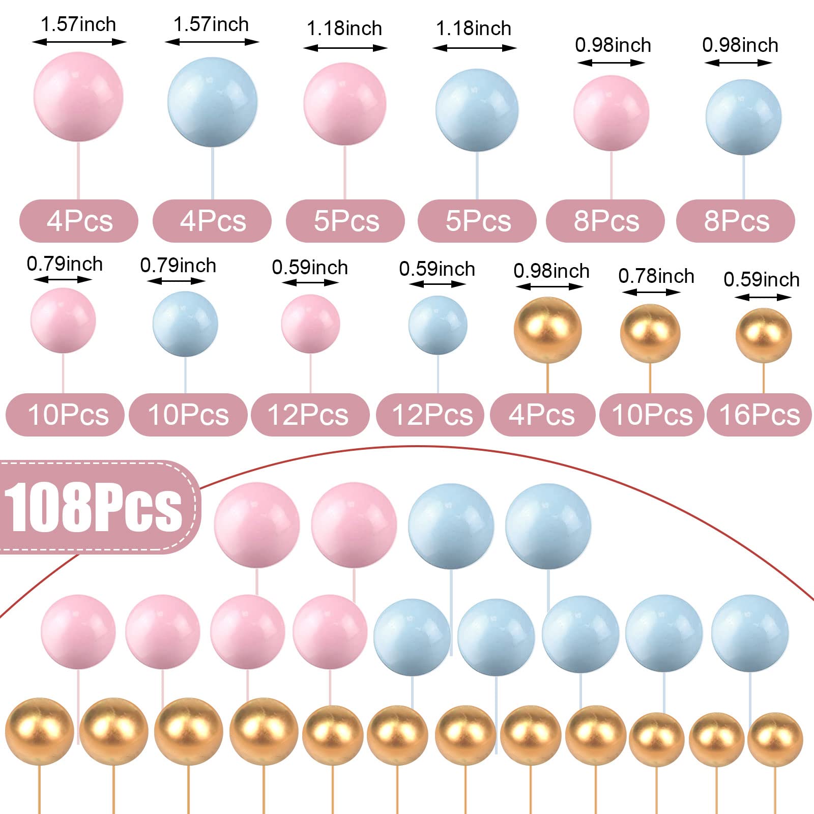 Tondiamo 108 Pcs Ball Cake Toppers, 5 Sizes for Cake Decorating, 21, A