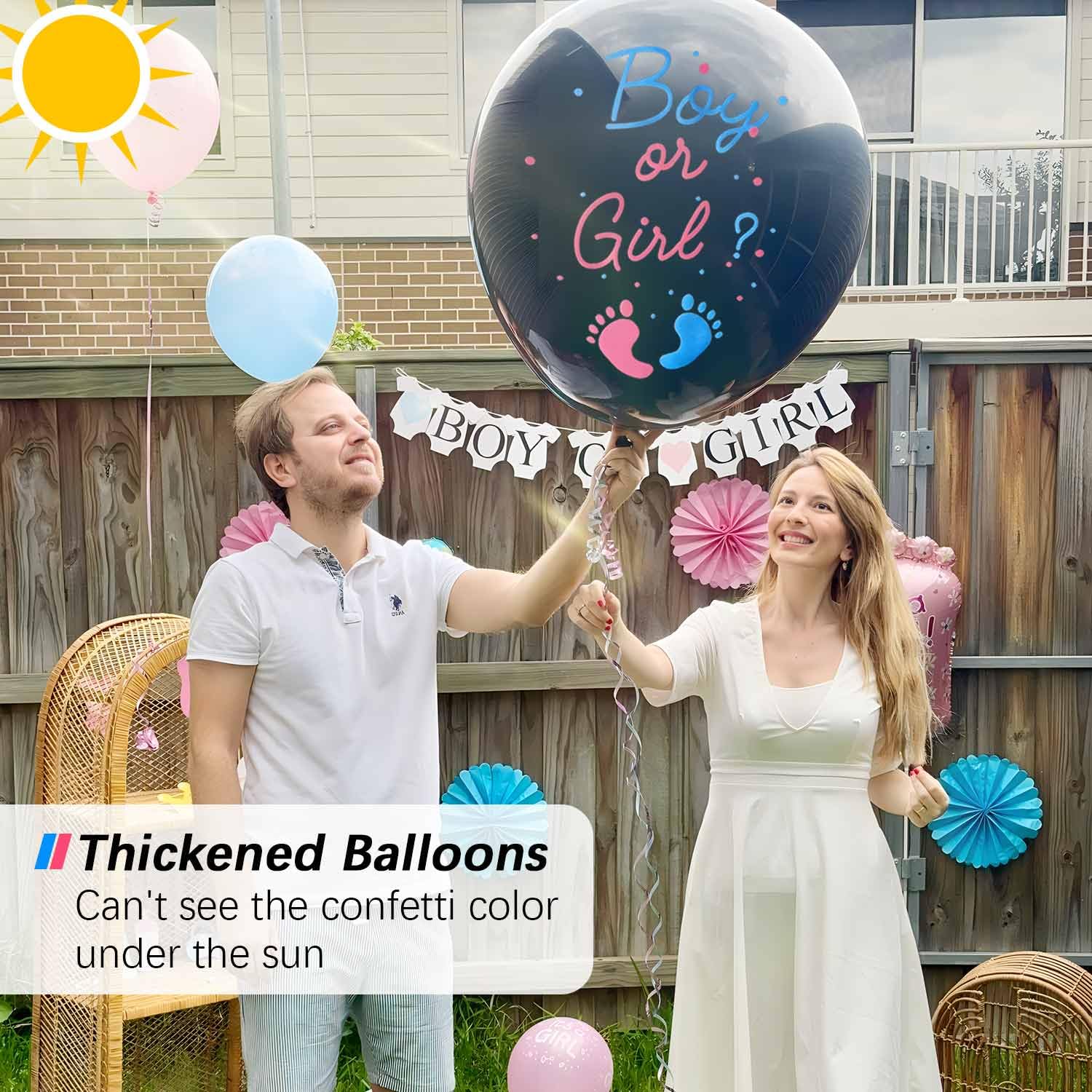 Gender Reveal Balloon Pop Ideas, 2pcs 36" Jumbo Black Baby Boy or Girl Balloons, with Blue Pink Confetti for Revelacion de Sexo de Bebe