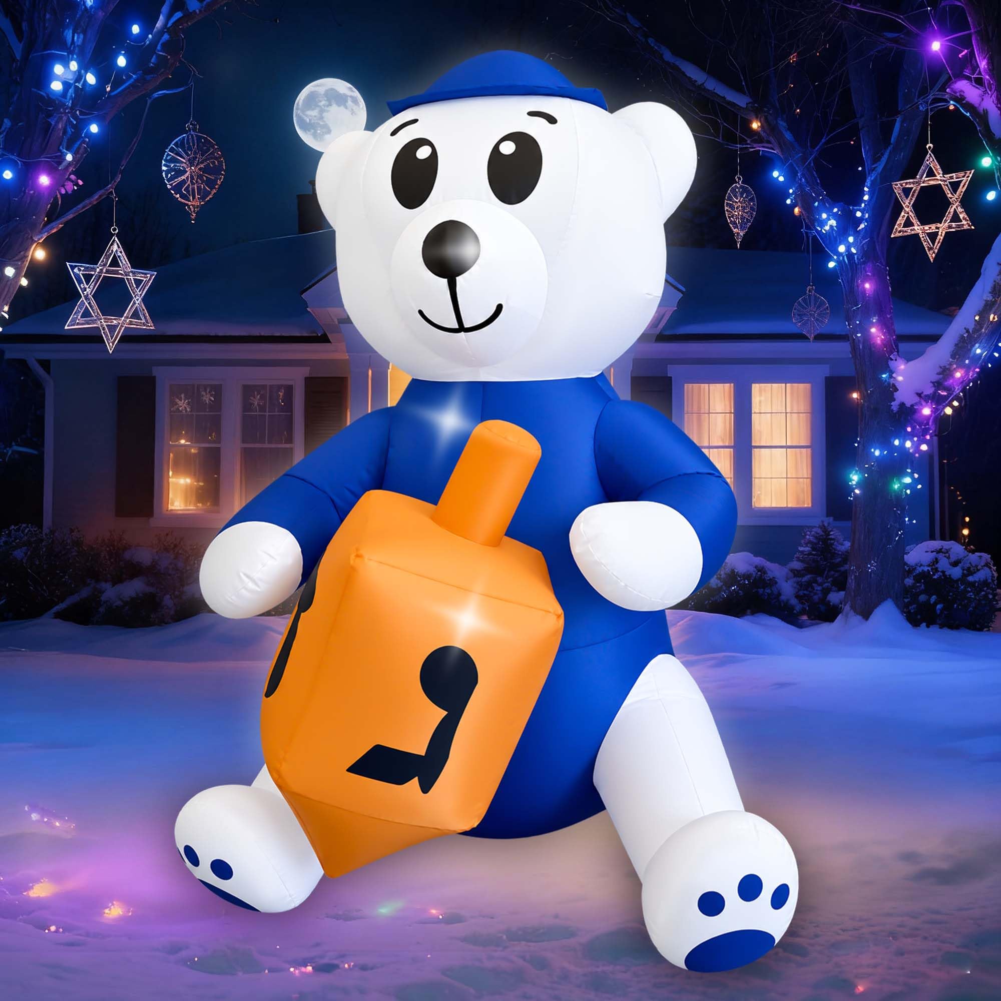 SEASONBLOW 4.5FT Hanukkah Inflatable Polar Bear Holding a Dreidel Decoration, Lighted Blow Up Decor for Indoor Outdoor Home Garden Lawn Yard
