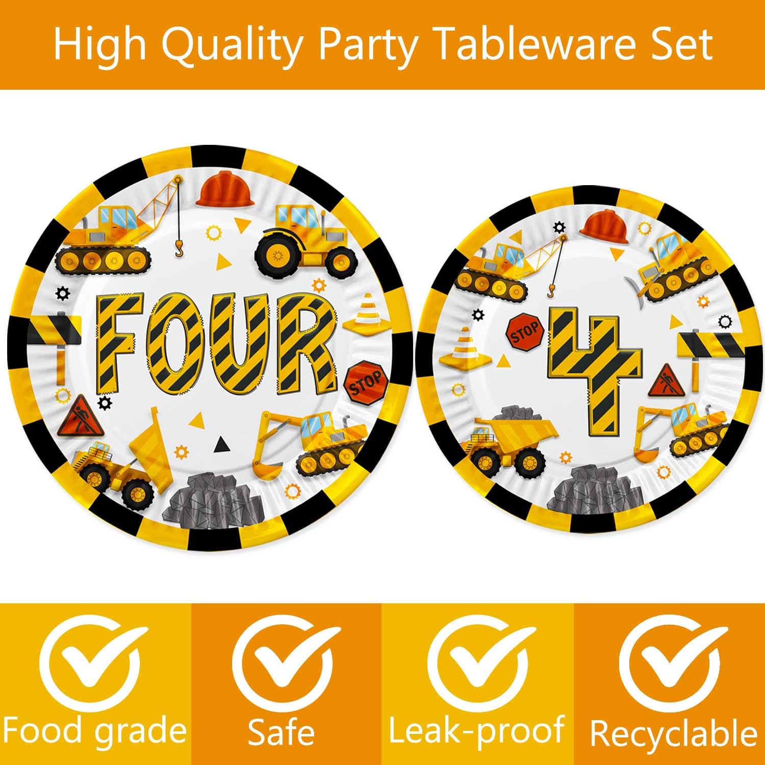 Letromp 80 Pcs Construction 4th Birthday Decorations Construction Four Years Old Disposable Paper Dinner Plates Napkins Forks Dinnerware for Dump Truck Theme Fouth Bday Party Supplies Decorations