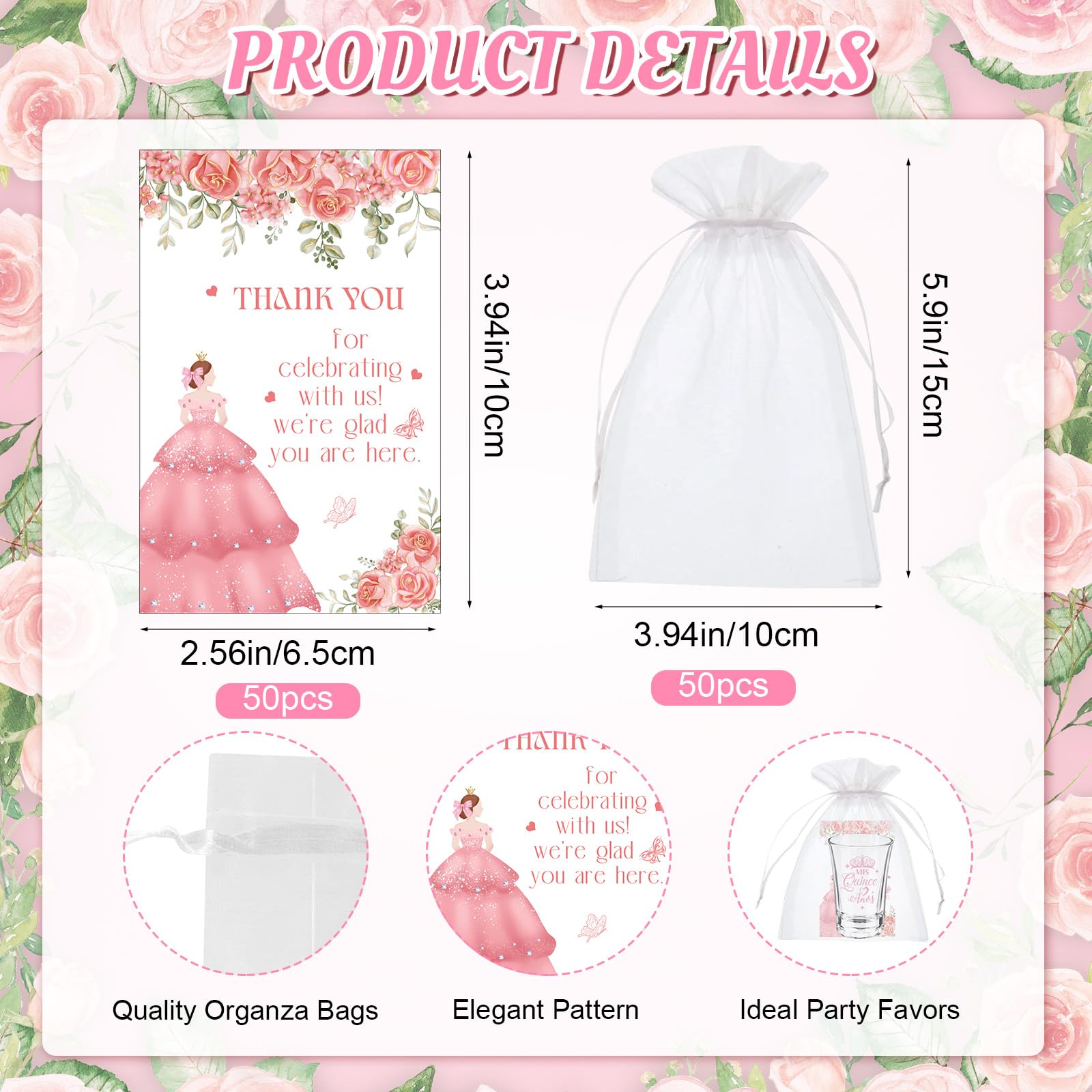 IANFEPH 50 Sets Quinceanera Party Favors for Guests Quinceanera Clear Acrylic Shot Glasses Thank You Cards Organza Bags Mis Quince Anos Sweet 15 Birthday Party Gift for Thanksgiving Christmas Supplies