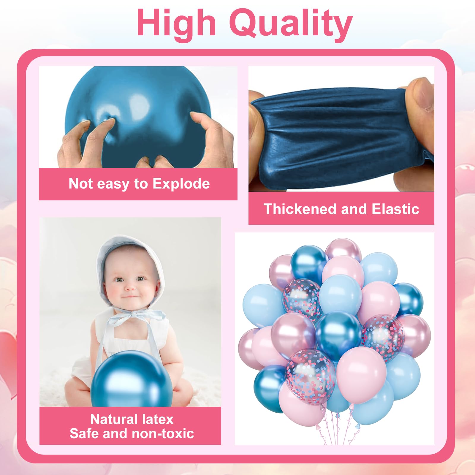 Pink and Blue Latex Balloons Set, 65Pcs Metallic Pink and Blue Balloons