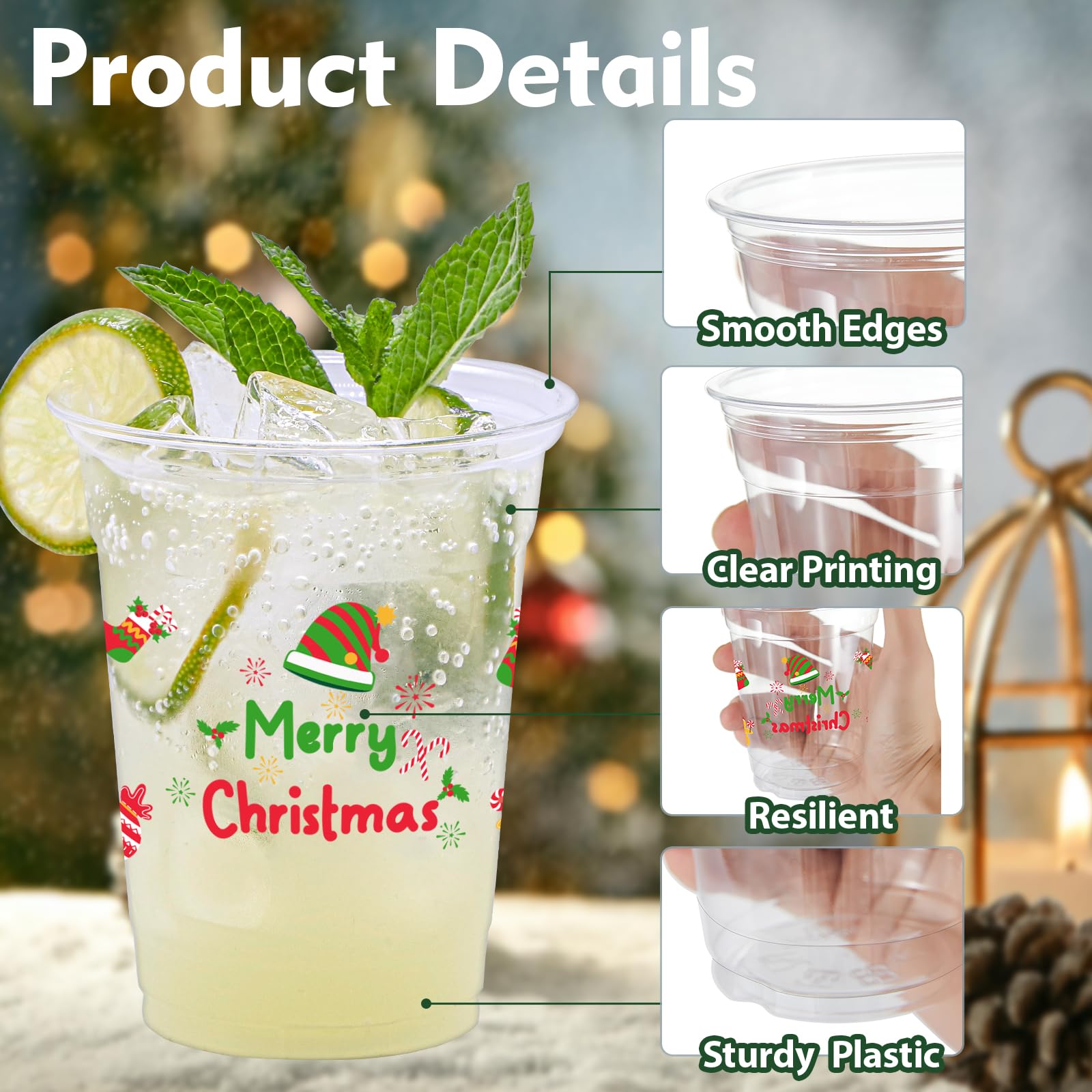 ZCPTZ 100 Pcs Christmas Party Cups, 12oz Disposable Cups Merry Christmas Disposable Clear Cups Plastic Party Cups for Party Favors Holiday Party Supplies