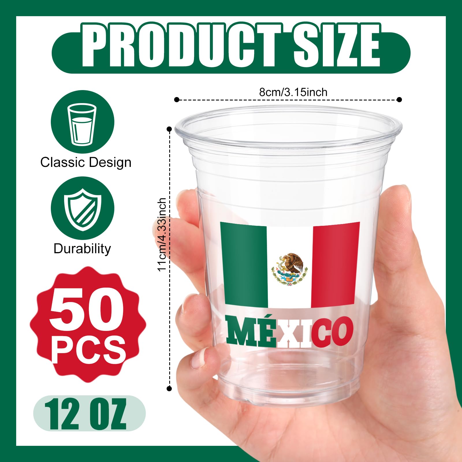 Honeydak 50 Pcs 12 oz Mexican Disposable Cups Bulk Mexico Flag Clear Plastic Cups Cinco De Mayo Party Decoration Fiesta Carnival Party Favors for Football Matches Family Decorations Supplies