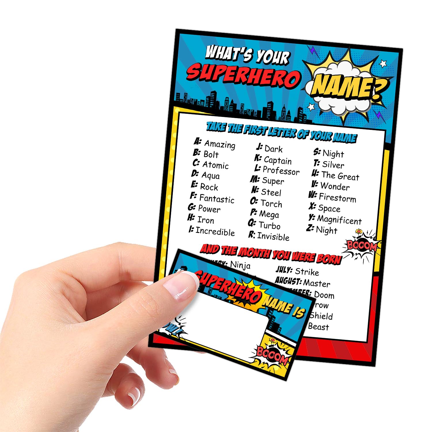 What is Your Superhero Name Game, Game Sign and 30 Cards, Superhero Birthday Party Sign for Boys, Holiday Activity, Kids Superhero Activity Cards, Superhero Activity Decoration Supplies