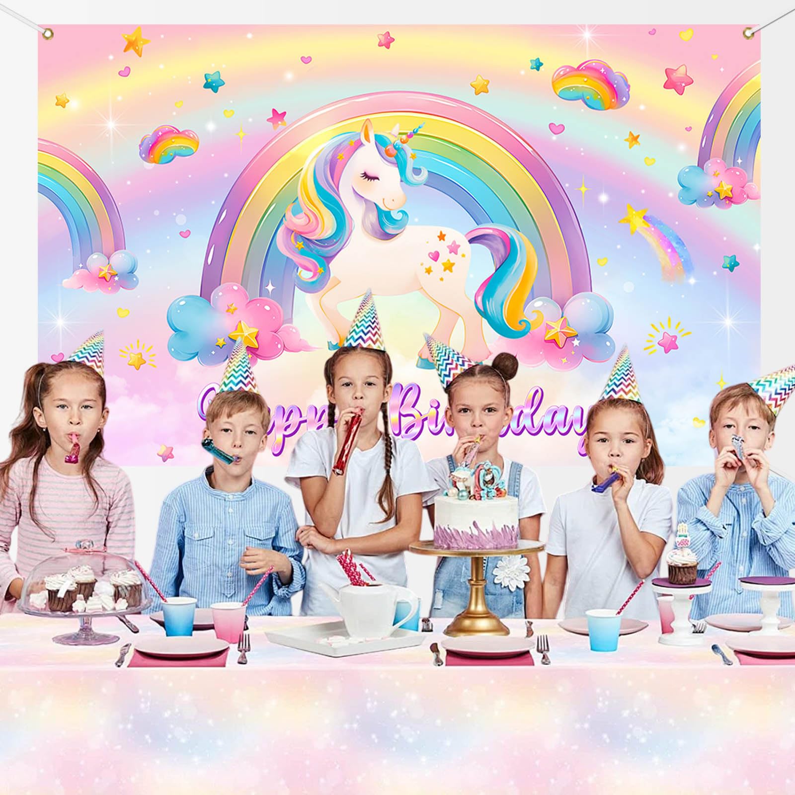 Mocsicka Unicorn Birthday Banner Backdrop Pastel Rainbow Unicorn Backdrop for Girls Birthday Decorations Party Supplies 70.8 x 43.3 Inch