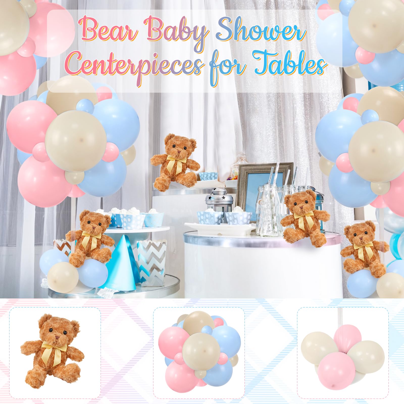 Acmee Bear Table Centerpieces for Baby Shower - Set of 6 Bear Balloon Baby Shower Decorations Include Stuffed Bears Balloons Kit with Stand Table Decor for Boy Baby Shower Gender Reveal (Blue Pink)