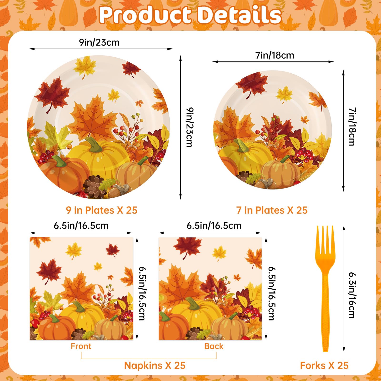 100 Pcs Thanksgiving Plates and Napkins Sets - Fall Pumpkin Maple Leaf Round Tableware, Disposable Thanksgiving Paper Plates and Napkins Forks for Thanks giving Party Supplies Table Decor, Serves 25