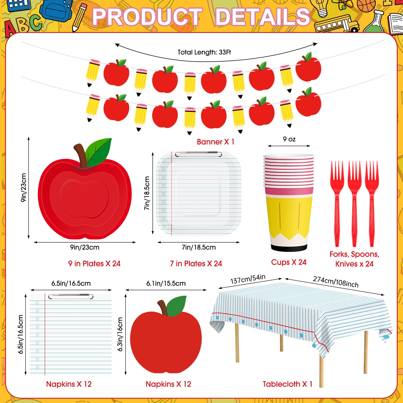 122 Pcs Back to School Decorations Set, Includes Apple Paper Plates Napkins, Notebook Dessert Plates Tablecloth, Cups, Banner and Forks for All Grades First Day of School Decor Party Supples, Serve 24