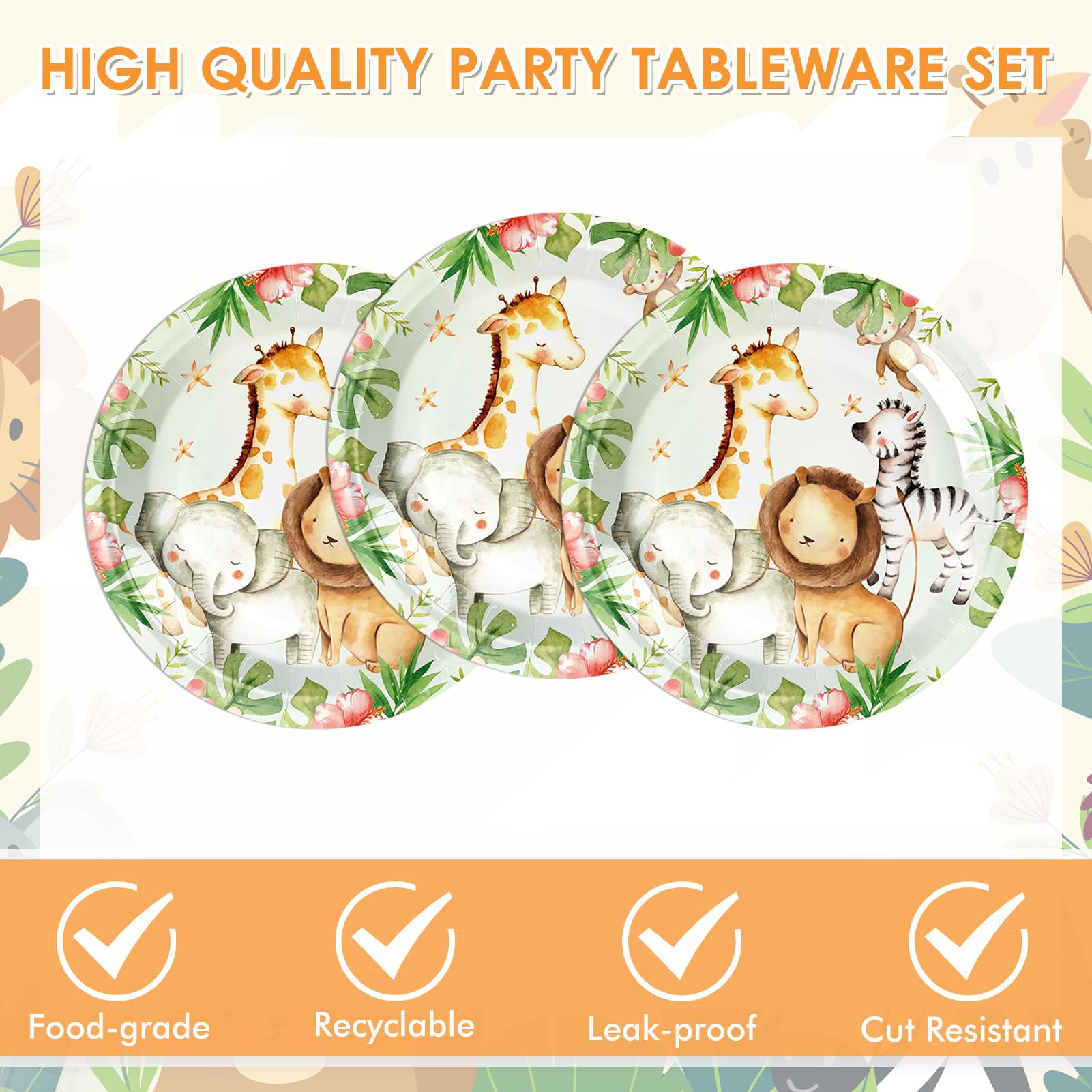 DURYGEN 40PCS Jungle Safari Birthday Decorations Disposable Tableware Set Safari Jungle Themed Party Dessert Plates, Napkins Baby Shower Animal Birthday Party Decorations for Boys Girls