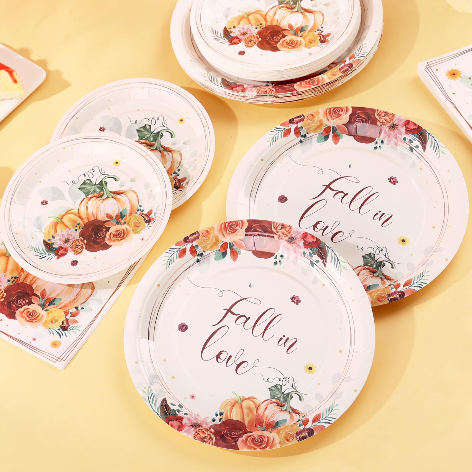 Gudvilla 150Pcs Fall in Love Bridal Shower Decor, Fall Bridal Shower Plates and Napkins Sets Serves 25, Falling in Love Plates for Floral Pumpkin Autumn Wedding Engagement Bachelorette Party