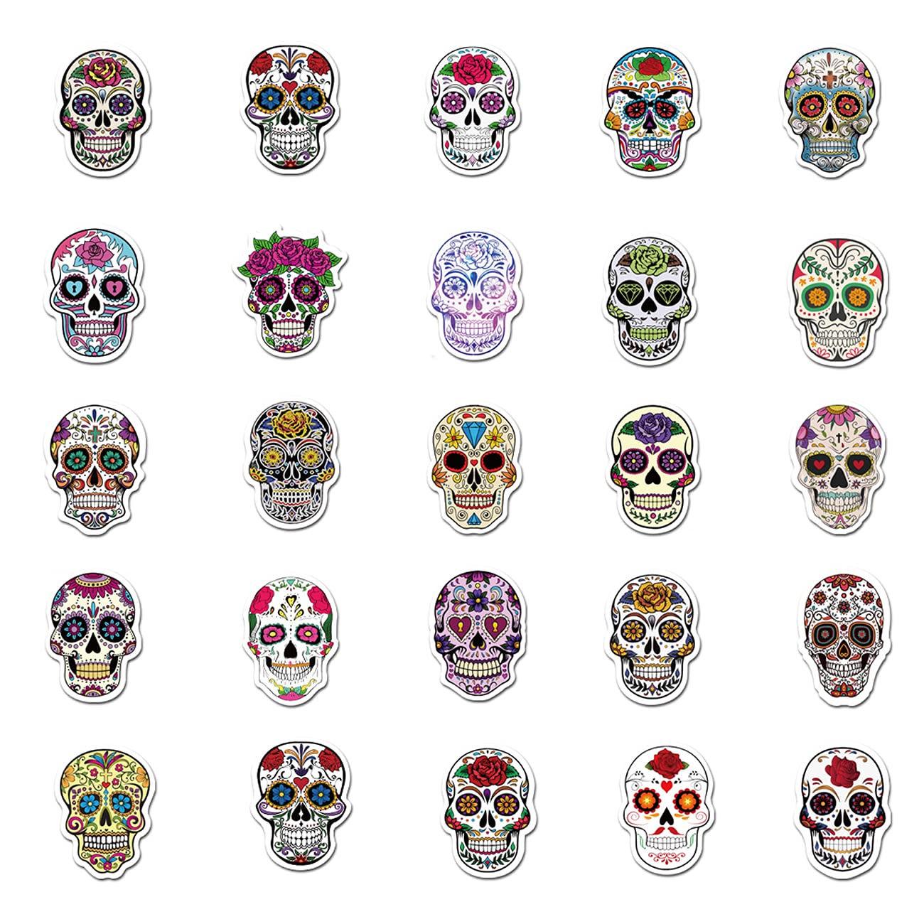 50pcs Halloween Sugar Skull Stickers, Dia de Los Muertos Mexican Day of Dead Stickers Decals, Candy Skull Stickers for Laptop Water Bottle Luggage Bike Computer