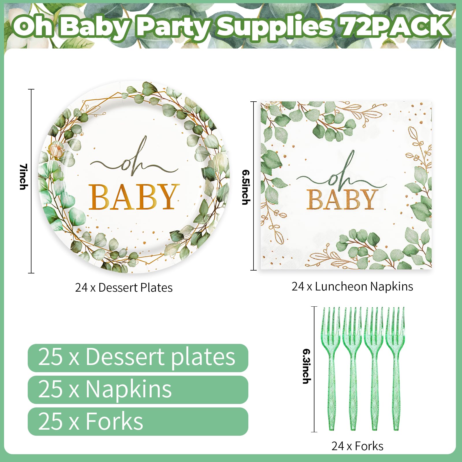 72pcs Oh Baby Eucalyptus Paper Plates and Napkins Set, 7inch Sage Greenery Baby Shower Party Plate Decorations Disposable Green Leaf Party Supplies for Boys or Girls Gender Reveal Birthday Baby Shower